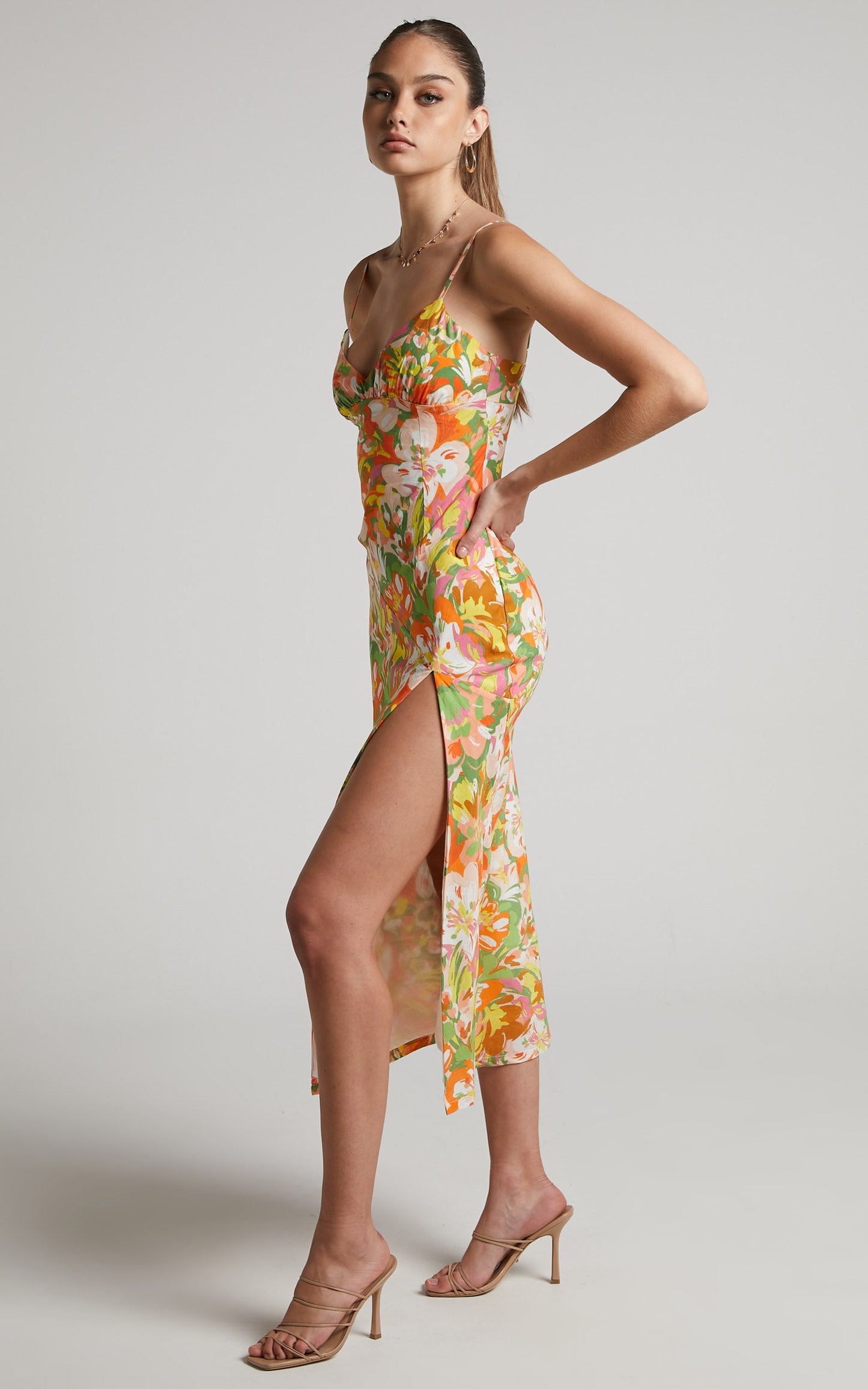 Taurina Bias Cut Split Front Midi Dress in Candid Floral