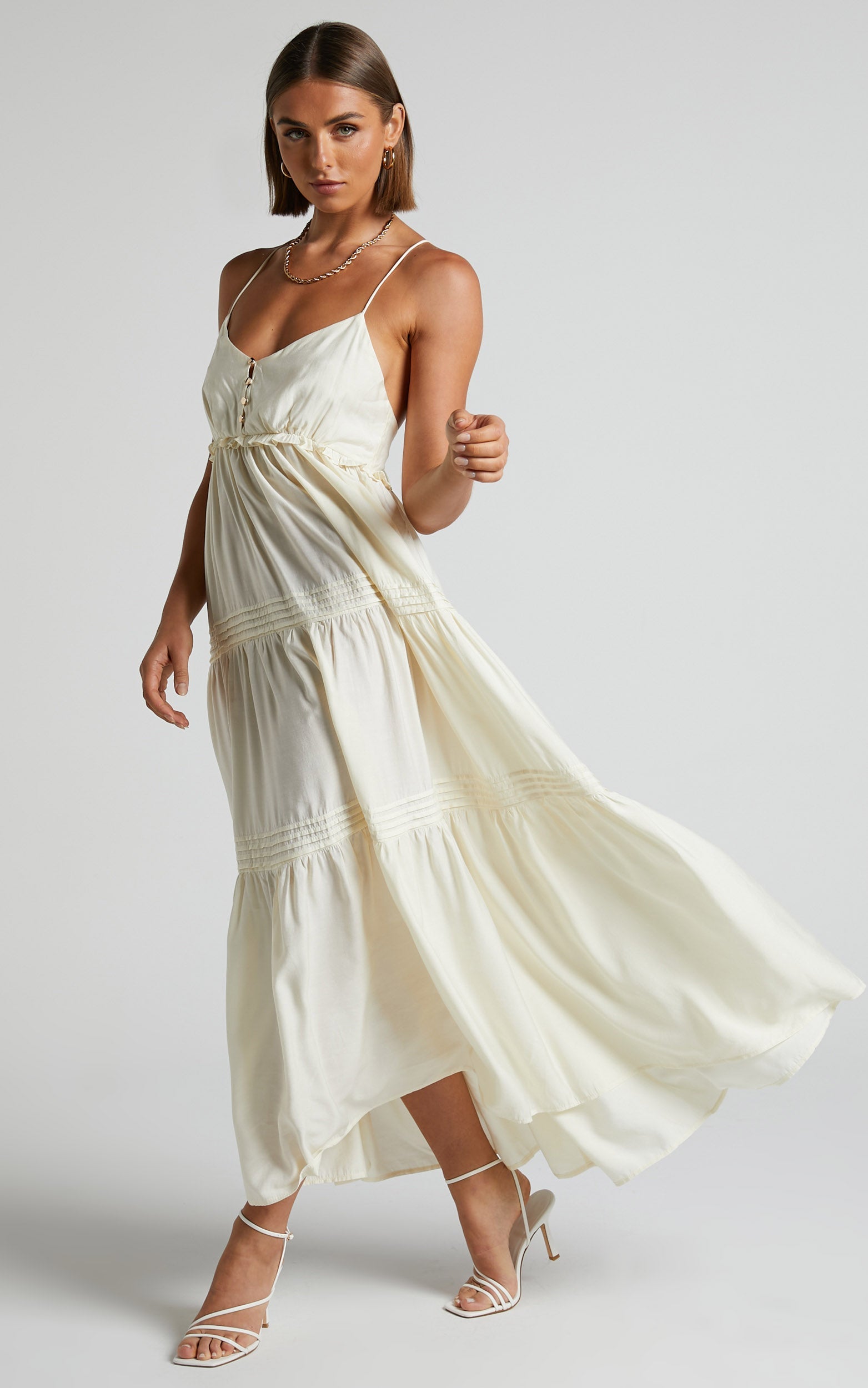 Ermengard Midi Dress - Tiered Pin Tuck Cross Back Dress in Off White