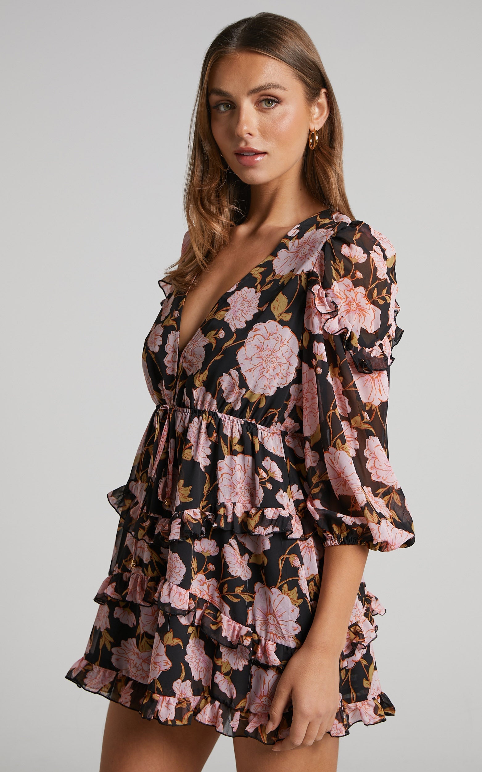 Haidy Mini Dress - Long Sleeve Plunge Tiered Dress in Romantic Floral