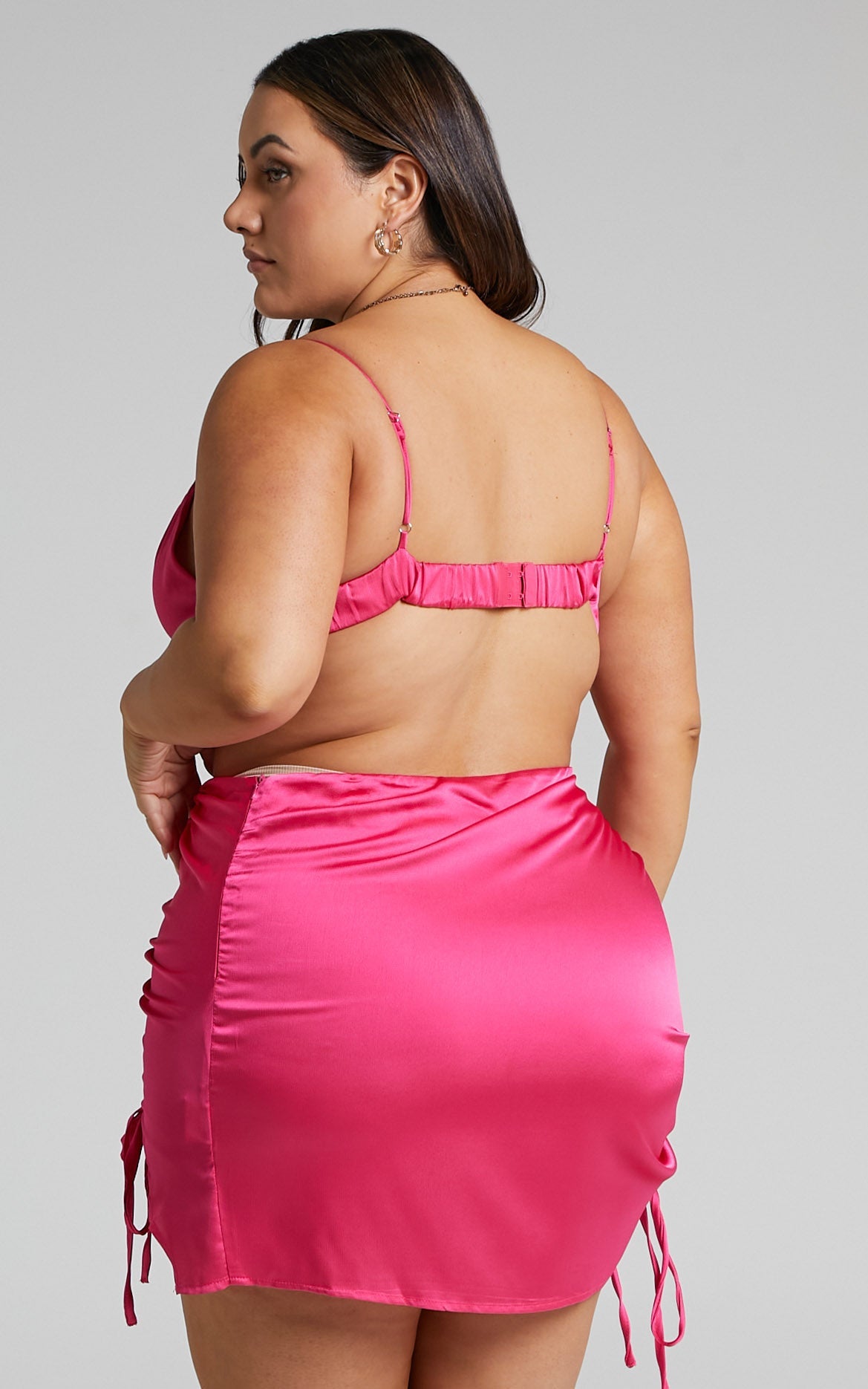 Mejila Mini Skirt - Ruched Split Hem Skirt in Hot Pink Satin