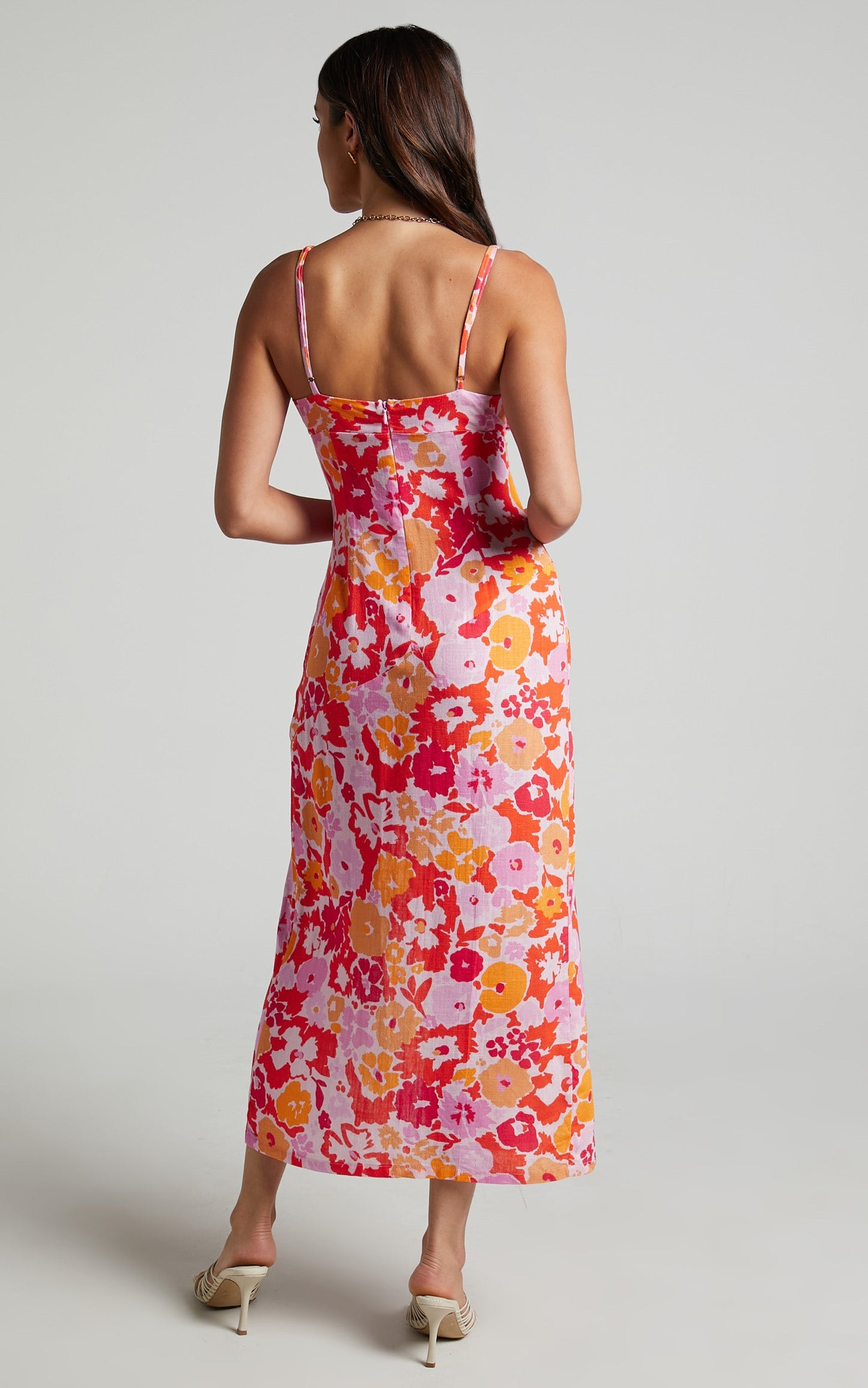 Nikoletta Midi Dress - Linen Bias Cut Split Front Dress in Flower Power