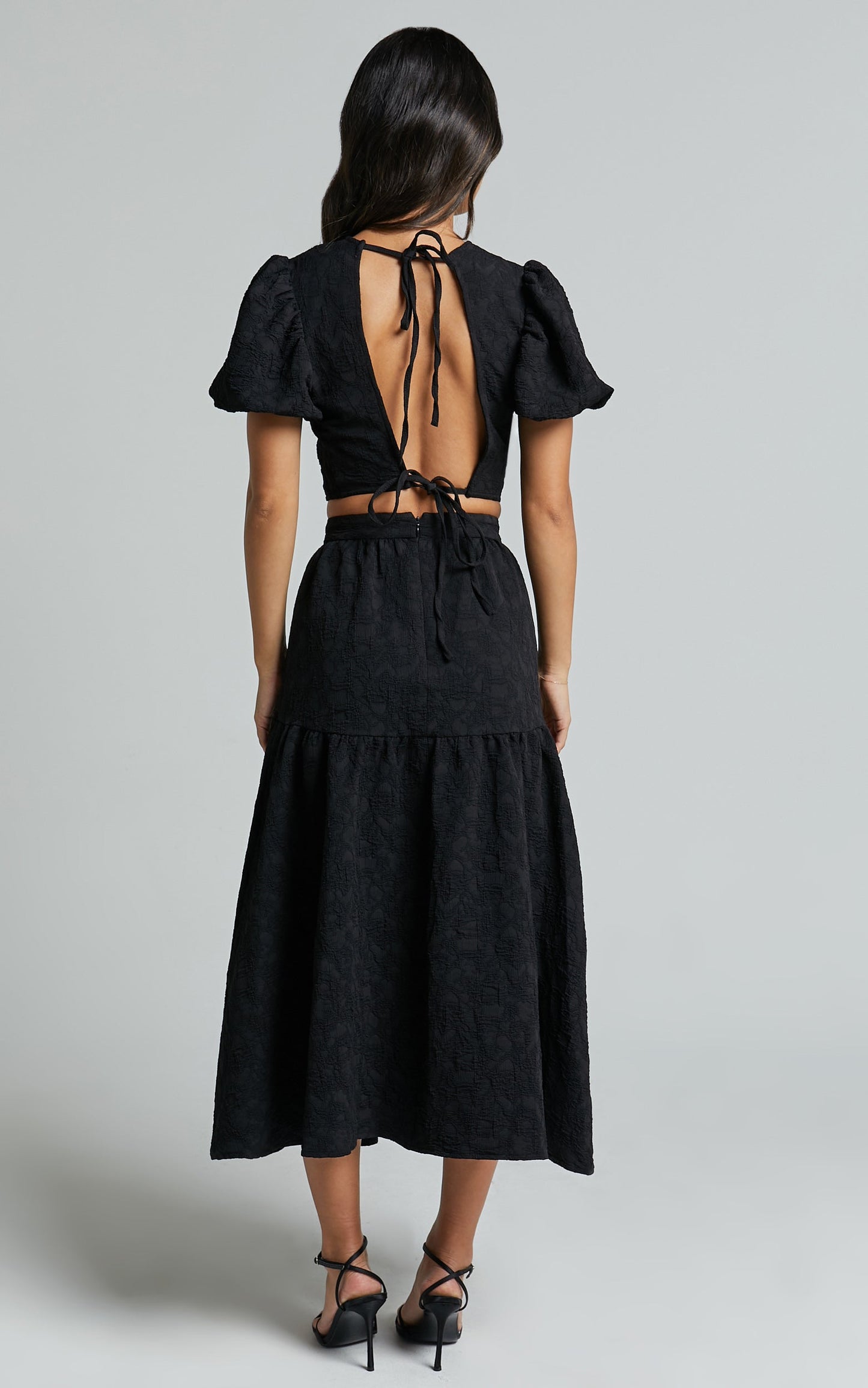 Leila Two Piece Set - Puff Sleeve Top and Midi Skirt Set in Black