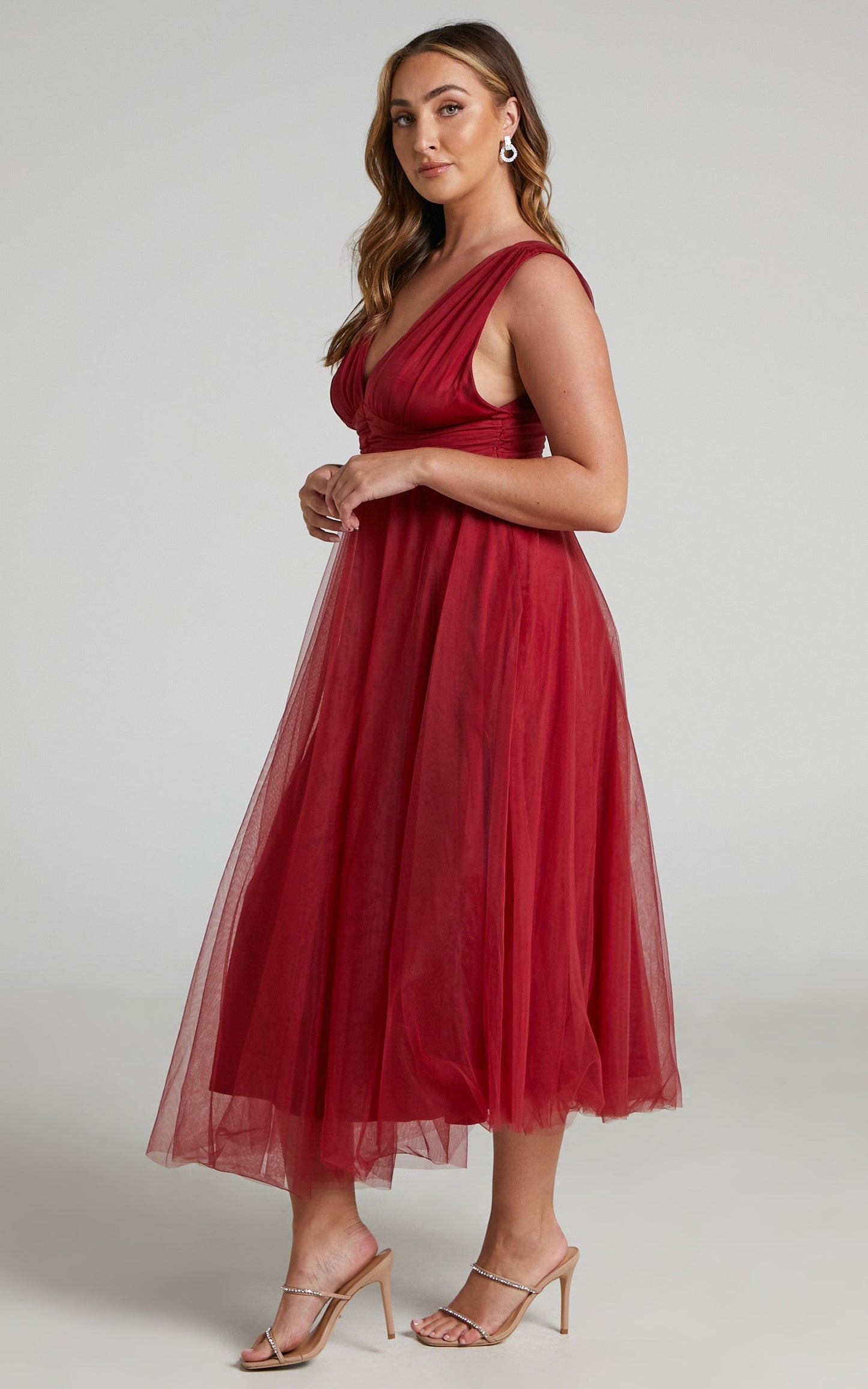 Agatha Midi Dress - Sleeveless V-Neck Organza Dress in Red
