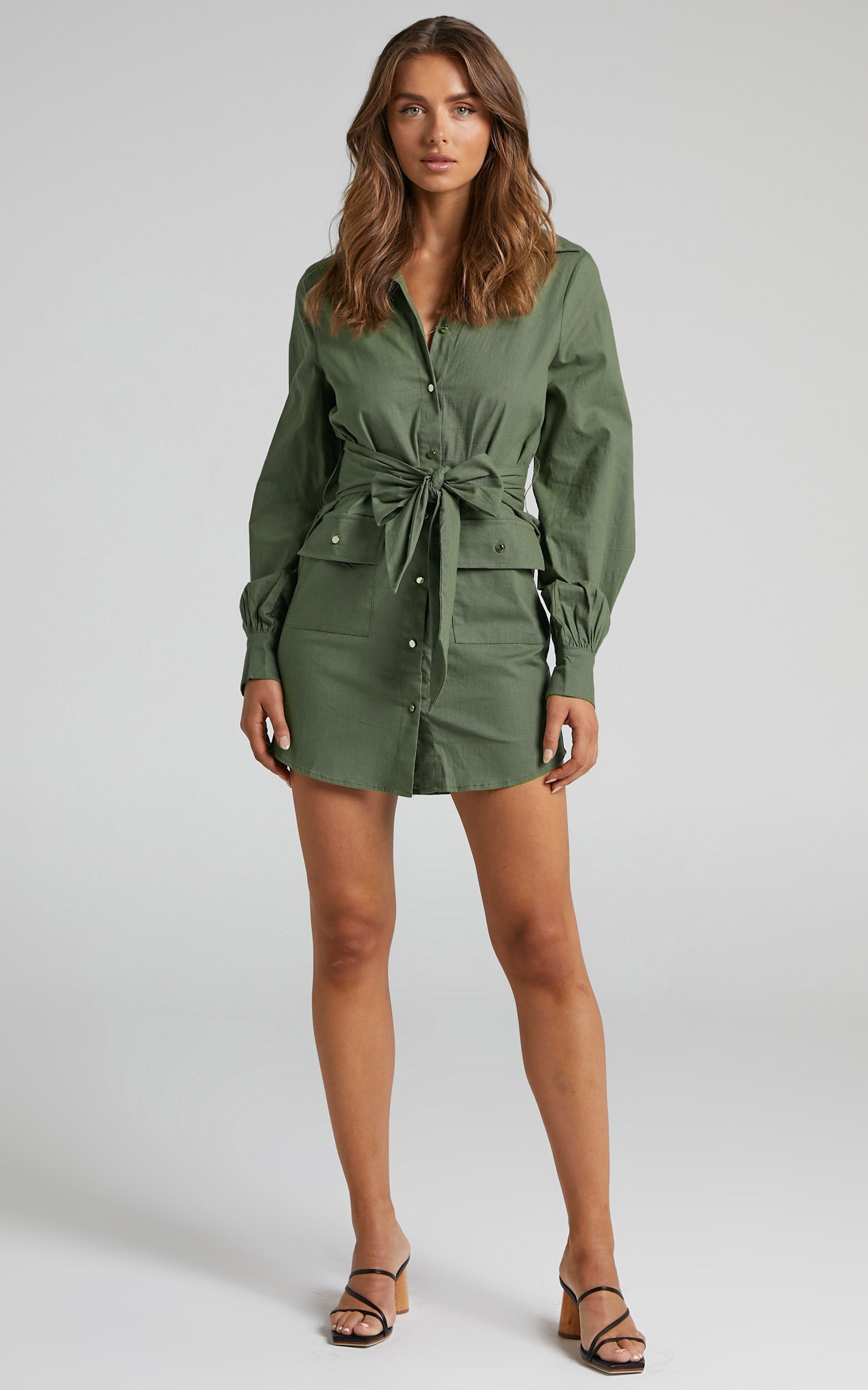 Aigneis Mini Dress - Linen Look Long Sleeve Shirt Dress in Khaki