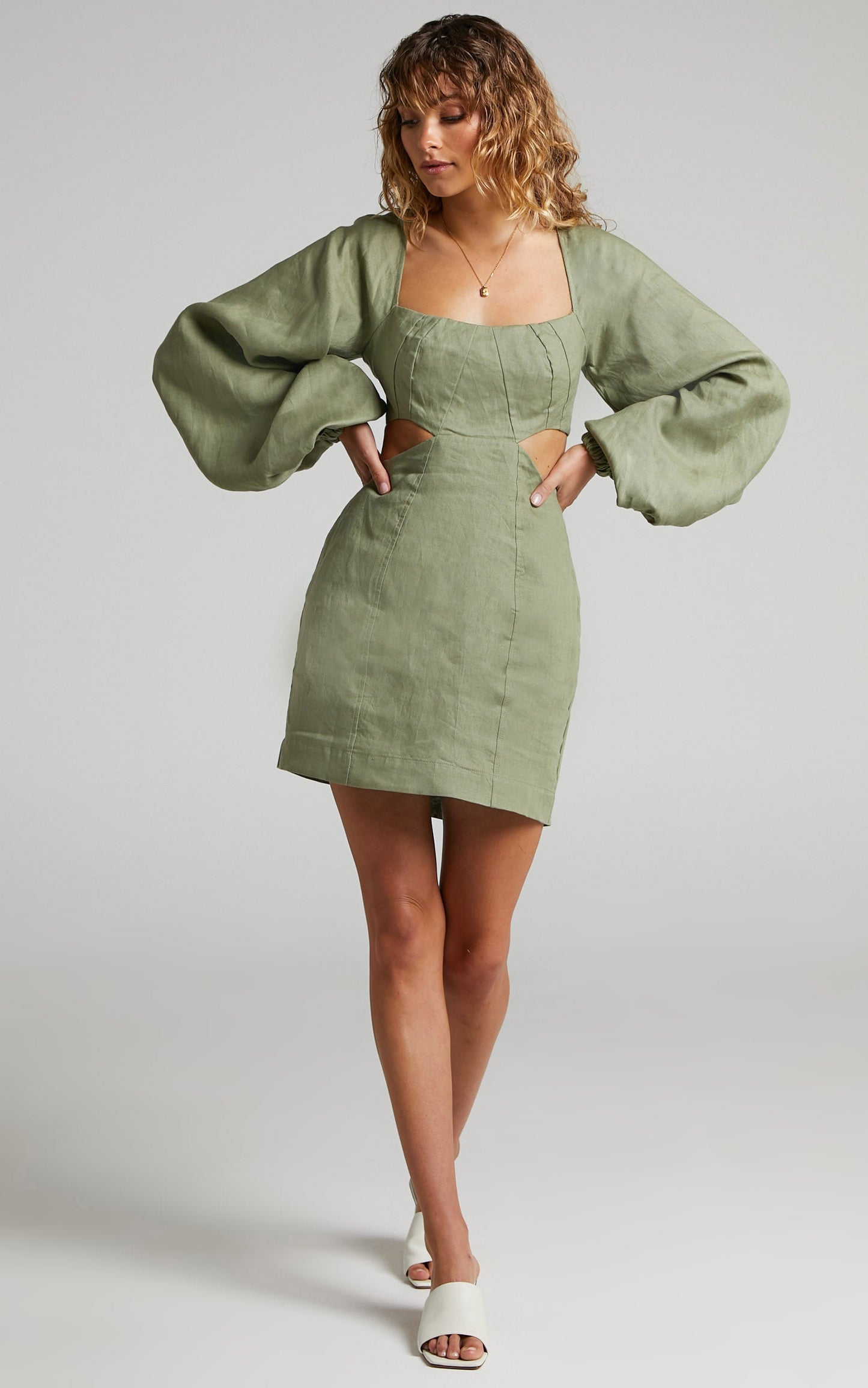Amalie The Label - Aileen Linen Balloon Sleeve Cut Out Mini Linen Dress in Sage