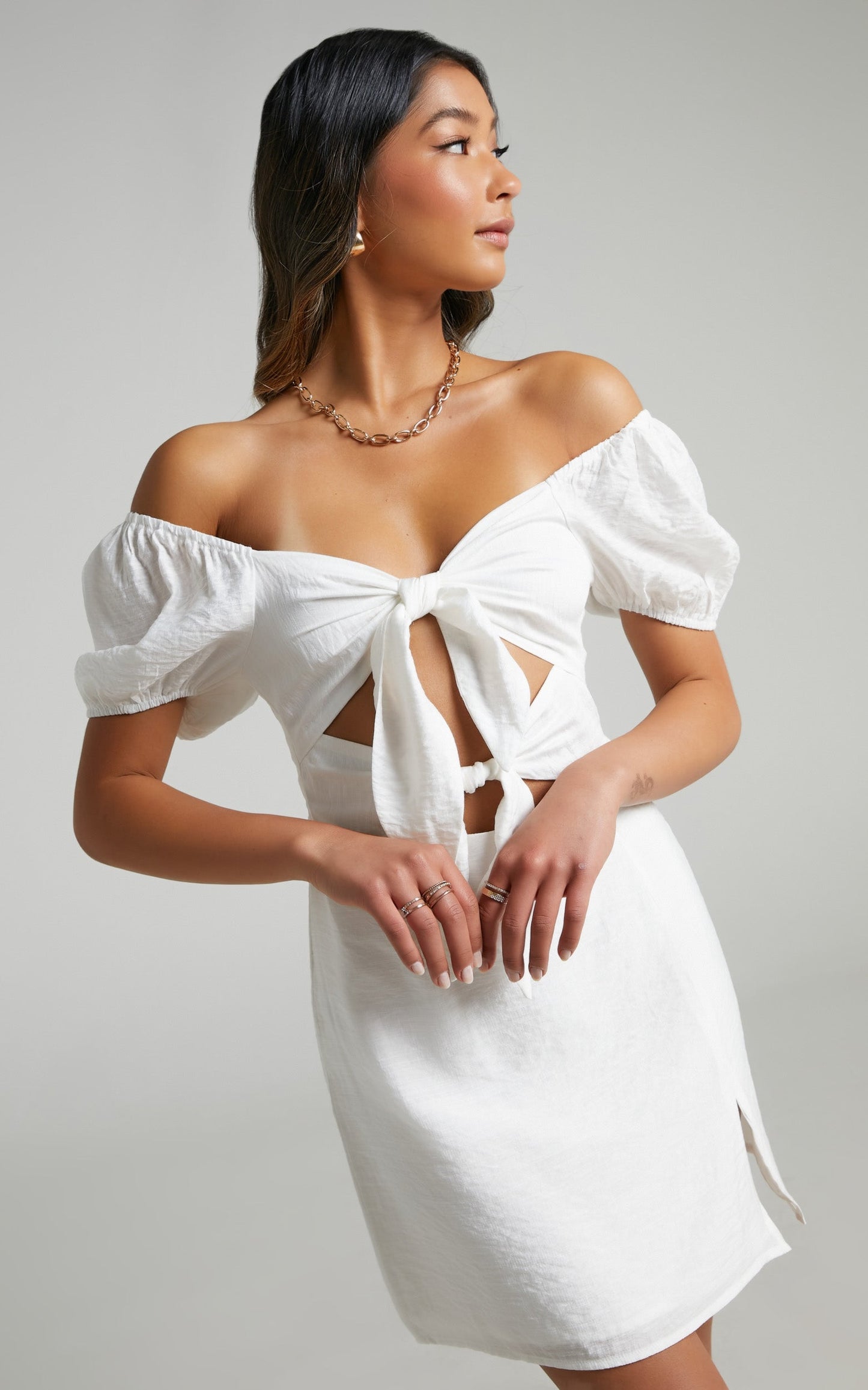 Alexandrine Double Bow Short Sleeve Mini Dress in White