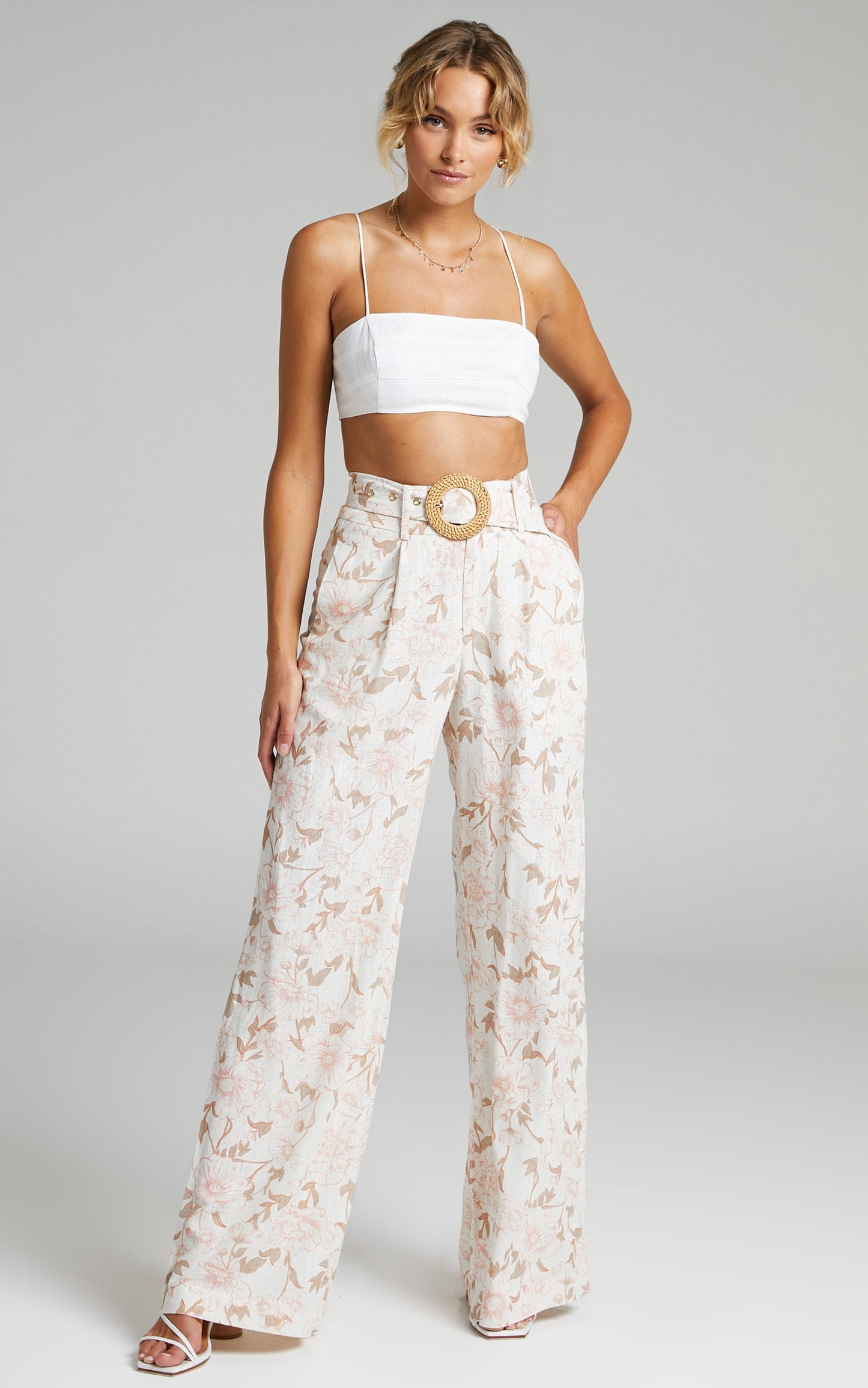 Amalie The Label - Clarette Linen Cotton Belted High Rise Wide Leg Pant in Pink Linear Floral