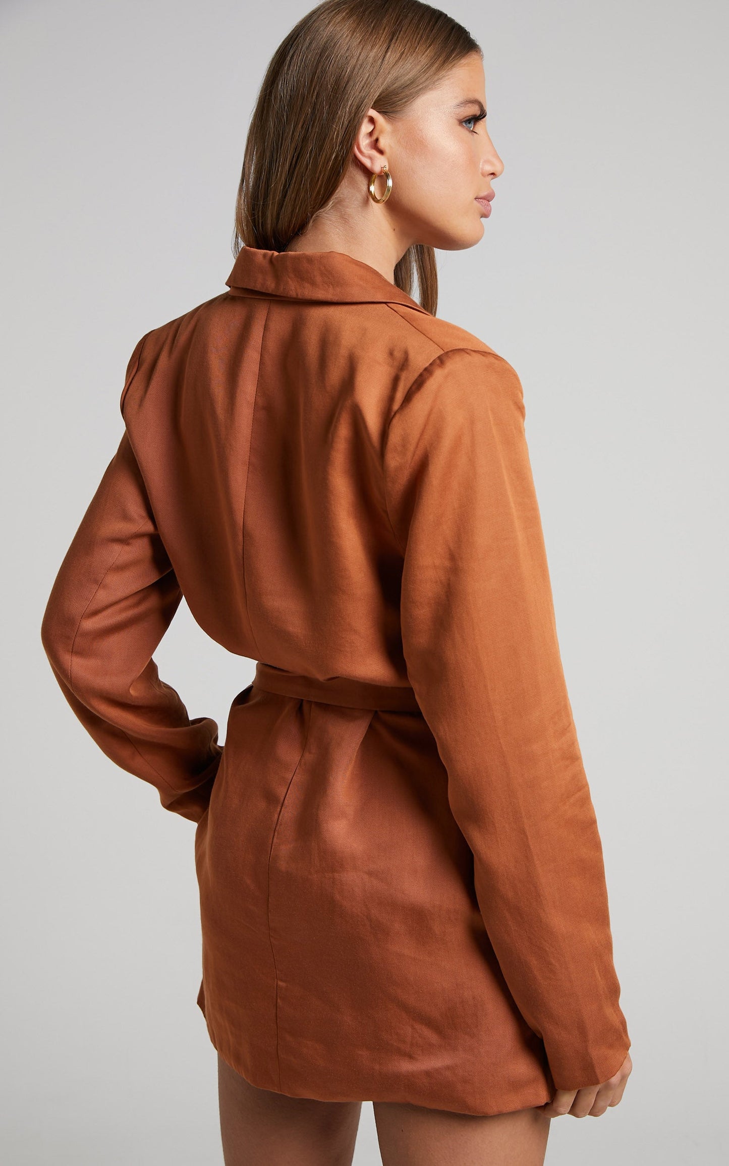 Amalie The Label - Lotte Linen Blend Tie Waist Wrap Blazer Dress in Toffee