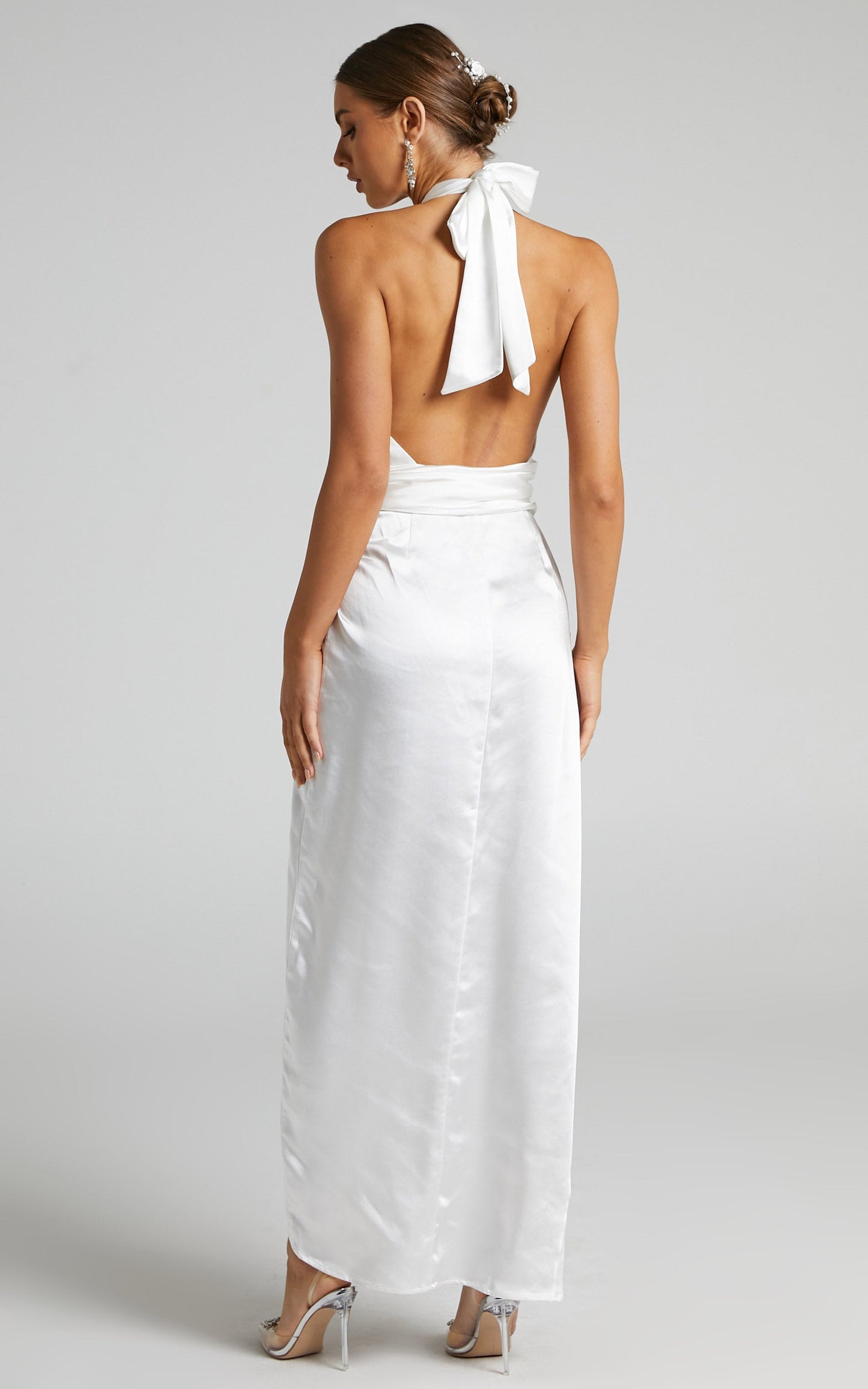 Carino Halter Gathered Twist Front Satin Maxi Dress in White