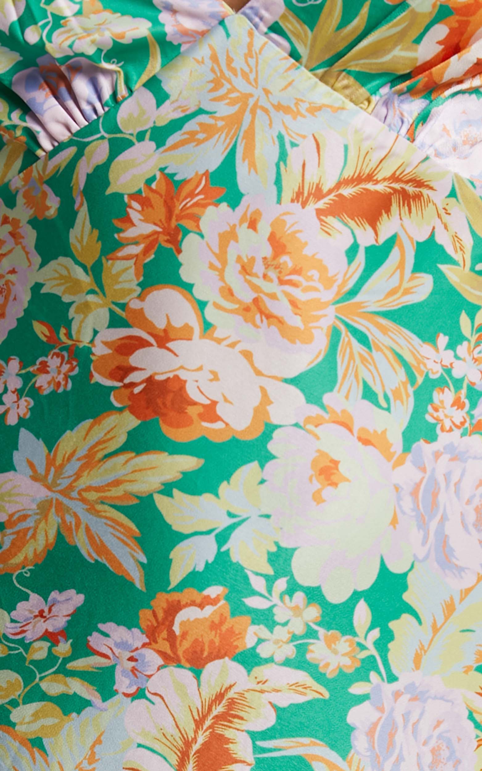 Charlette V Neck Floral Sain Midi Dress in GREEN FLORAL