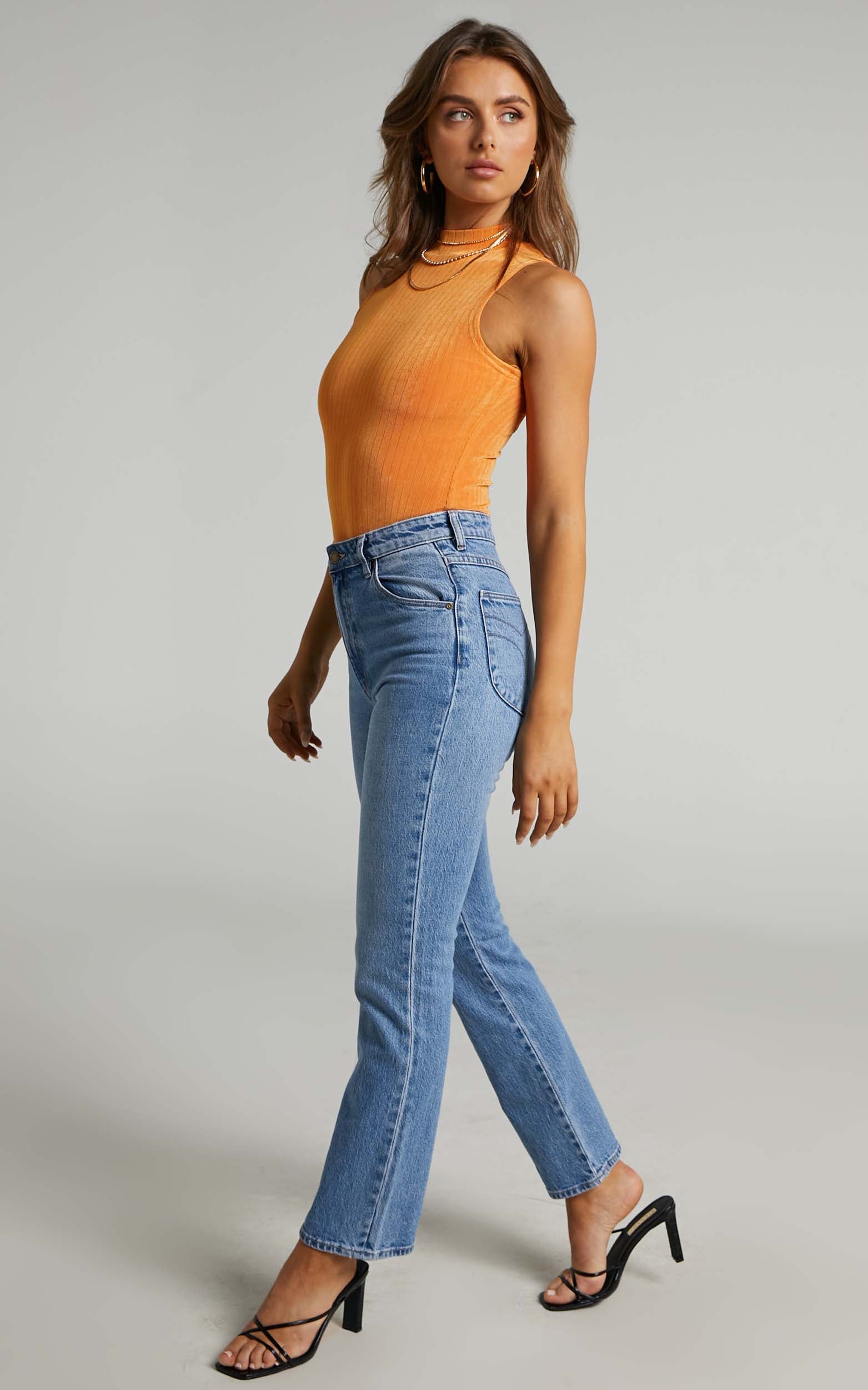 Constance Bodysuit - High Neck Ribbed Bodysuit in Orange
