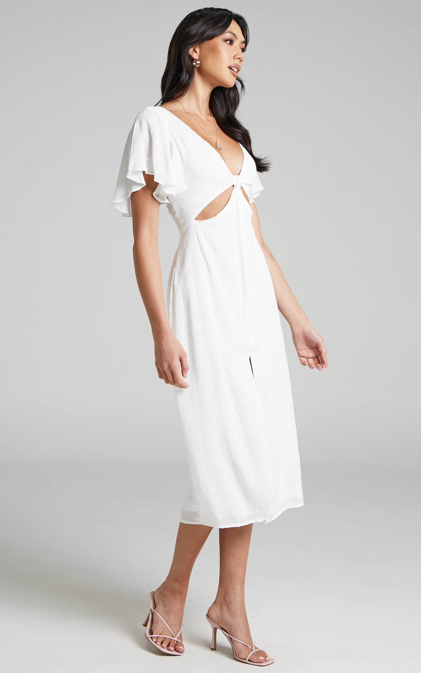 Daydream Midi Dress - Angel Sleeve Split Front Dress in White
