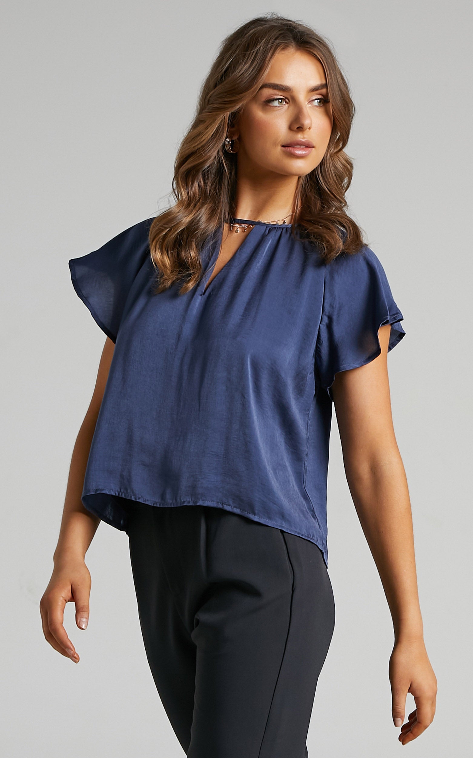 Demmi Top - Key Hole Flutter Sleeve Top in Navy