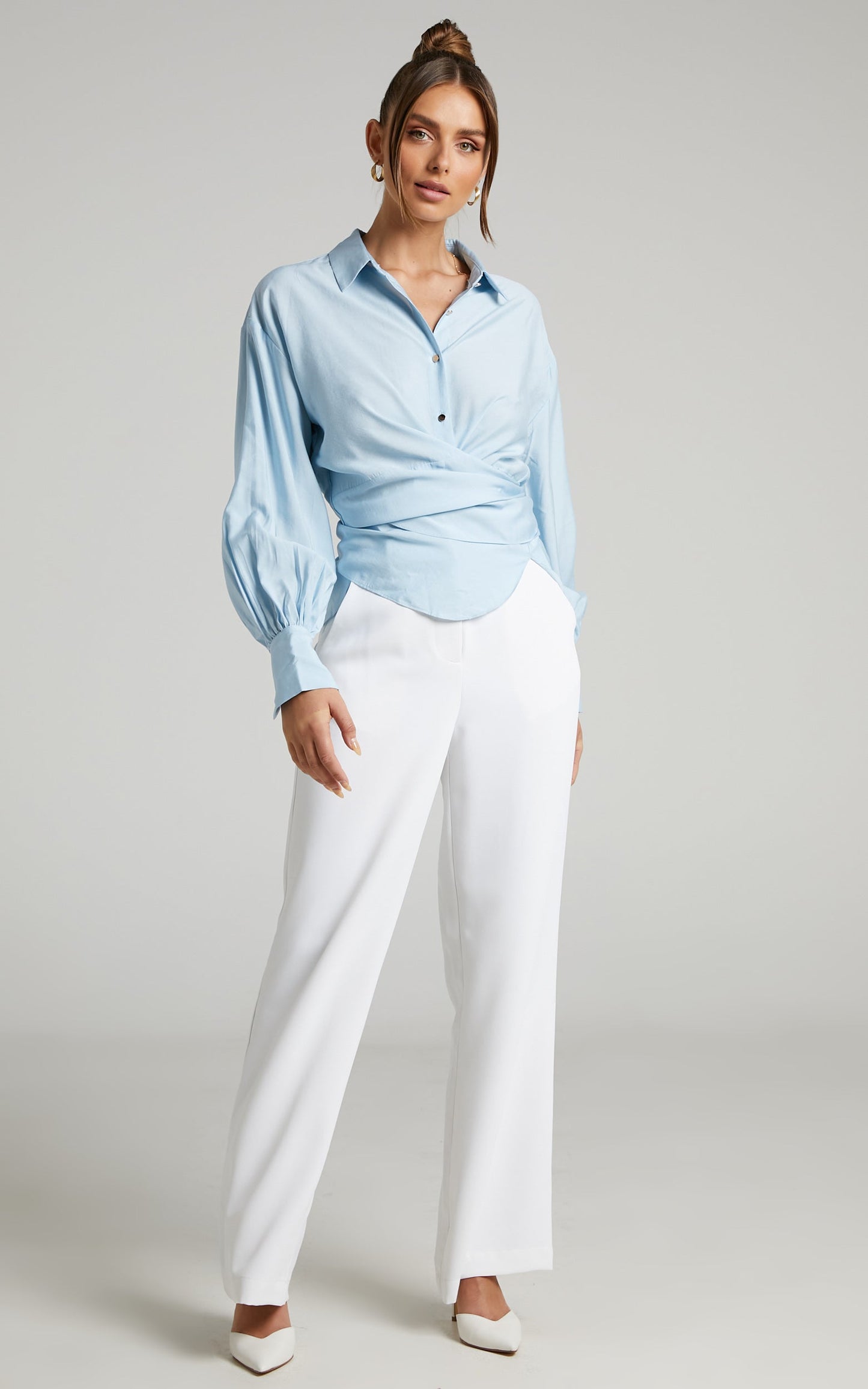 Ehrna Shirt - Twist Front Collared Long Sleeve Shirt in Ice Blue