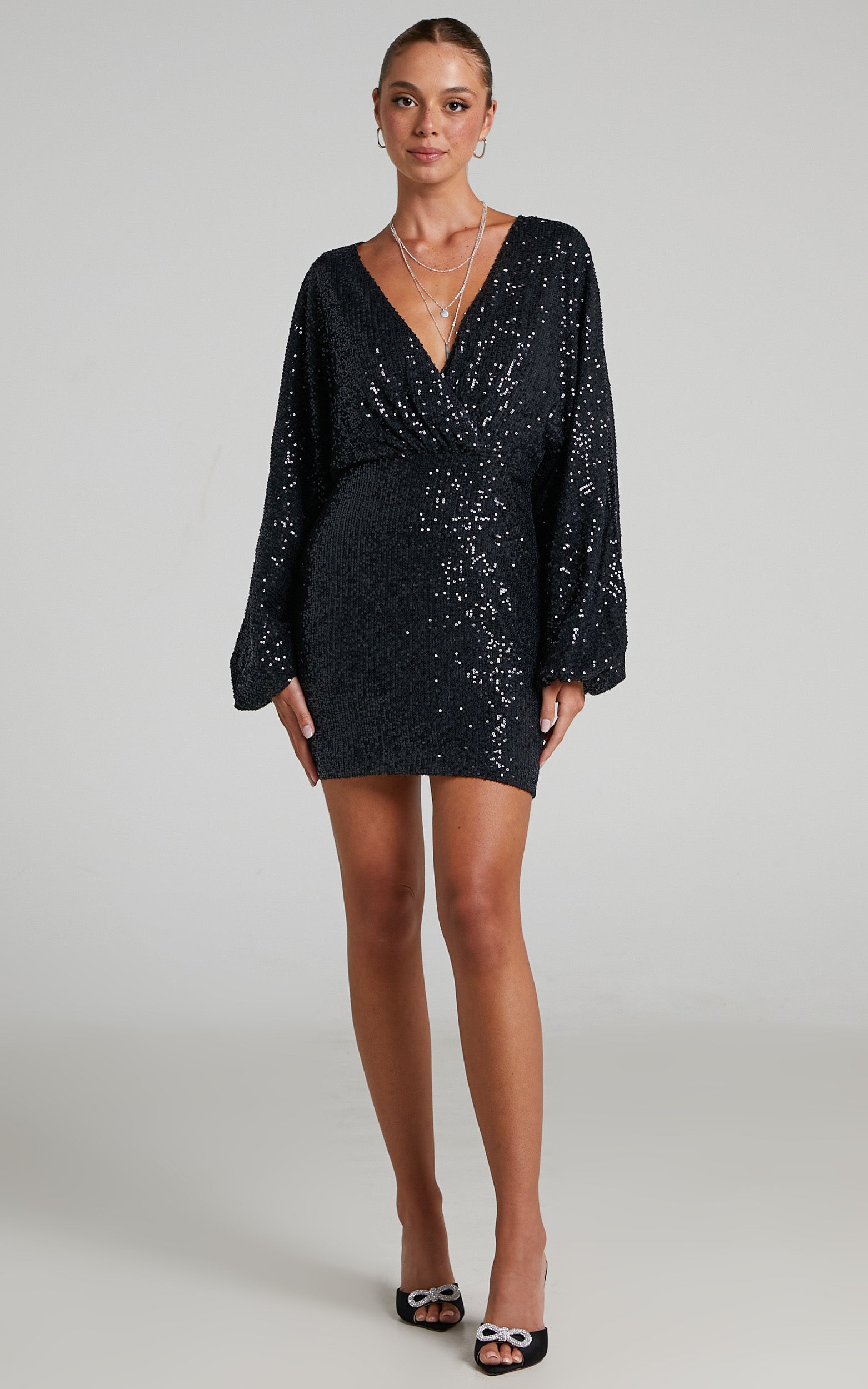 Erine Mini Dress - Long Sleeve Sequin Dress in Black