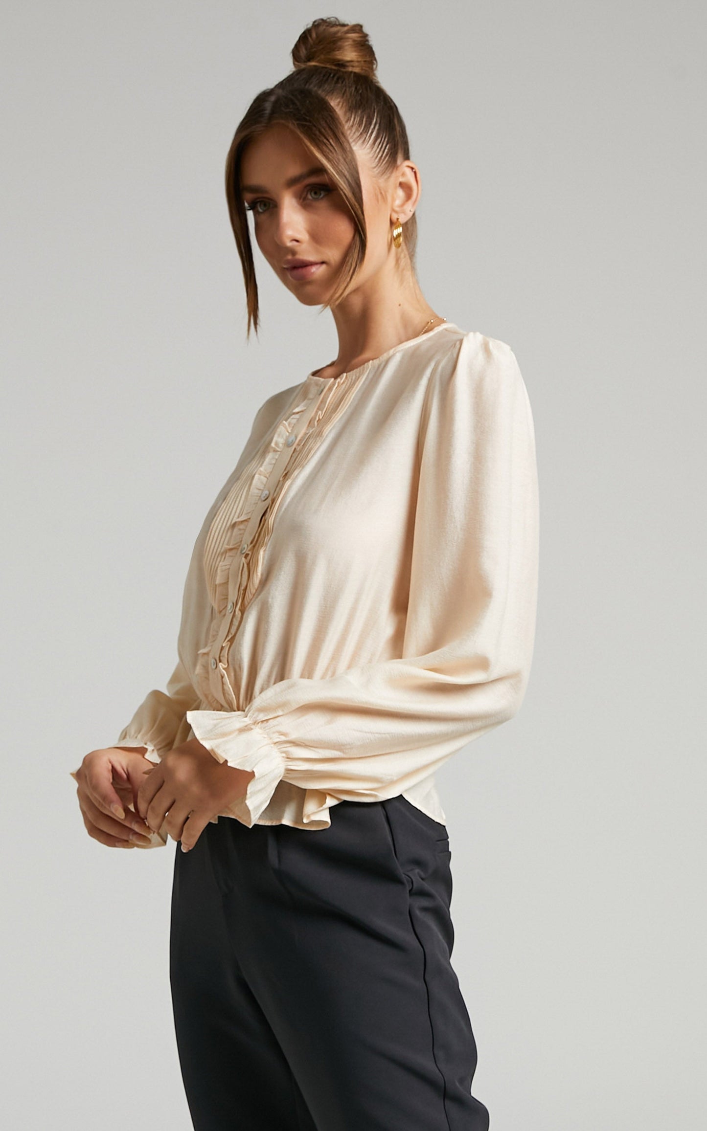 Ernita Pin Tuck Blouse with Peplum in Champagne