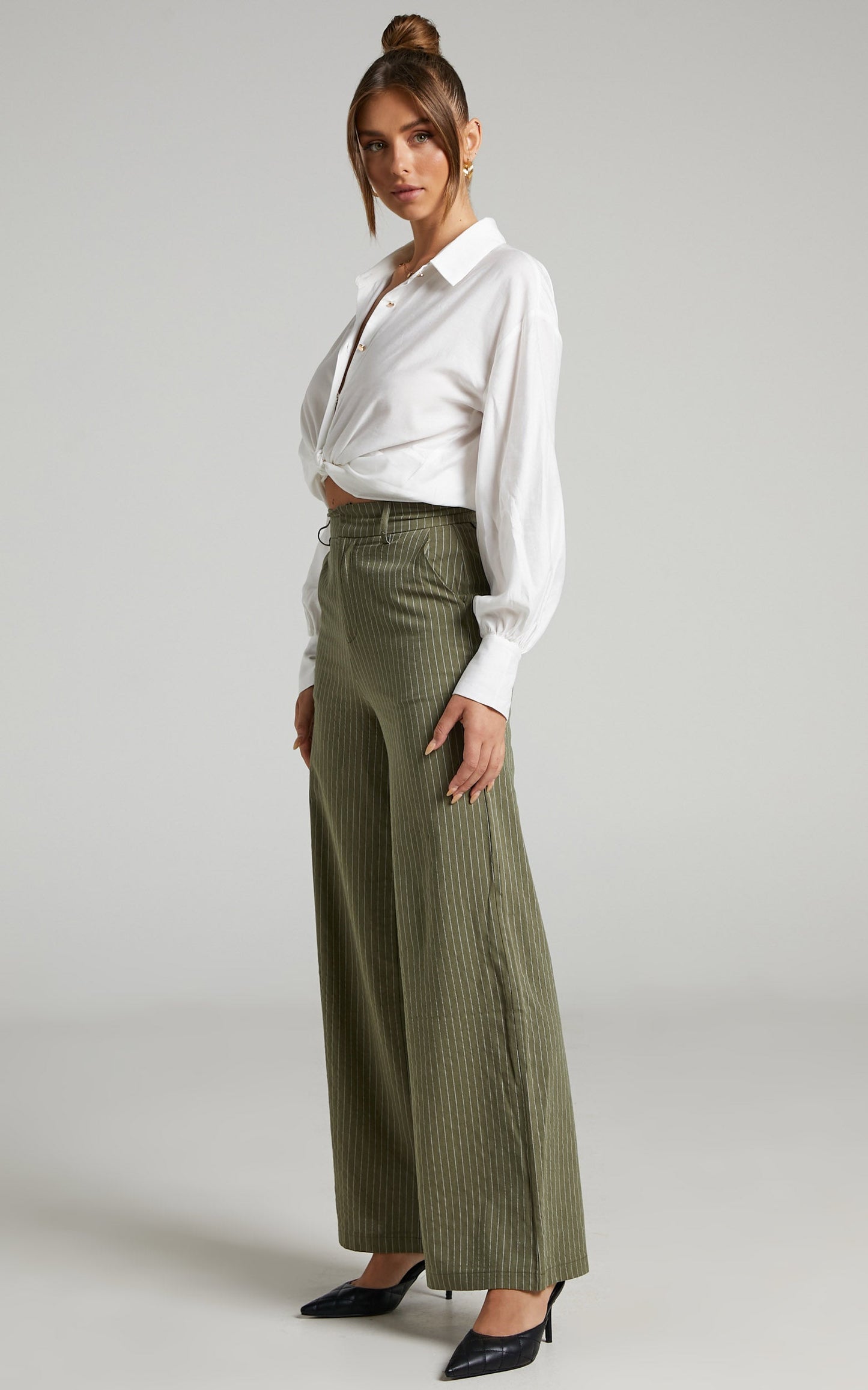 Florencia Pinstripe Wide Leg Pants in Olive