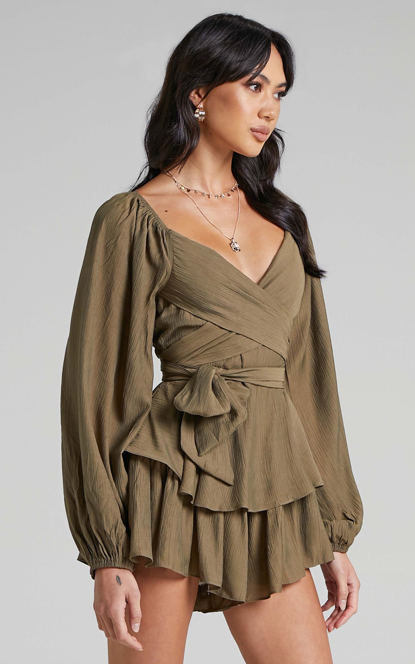 Florice Playsuit - Wrap Front Frill Playsuit in Khaki