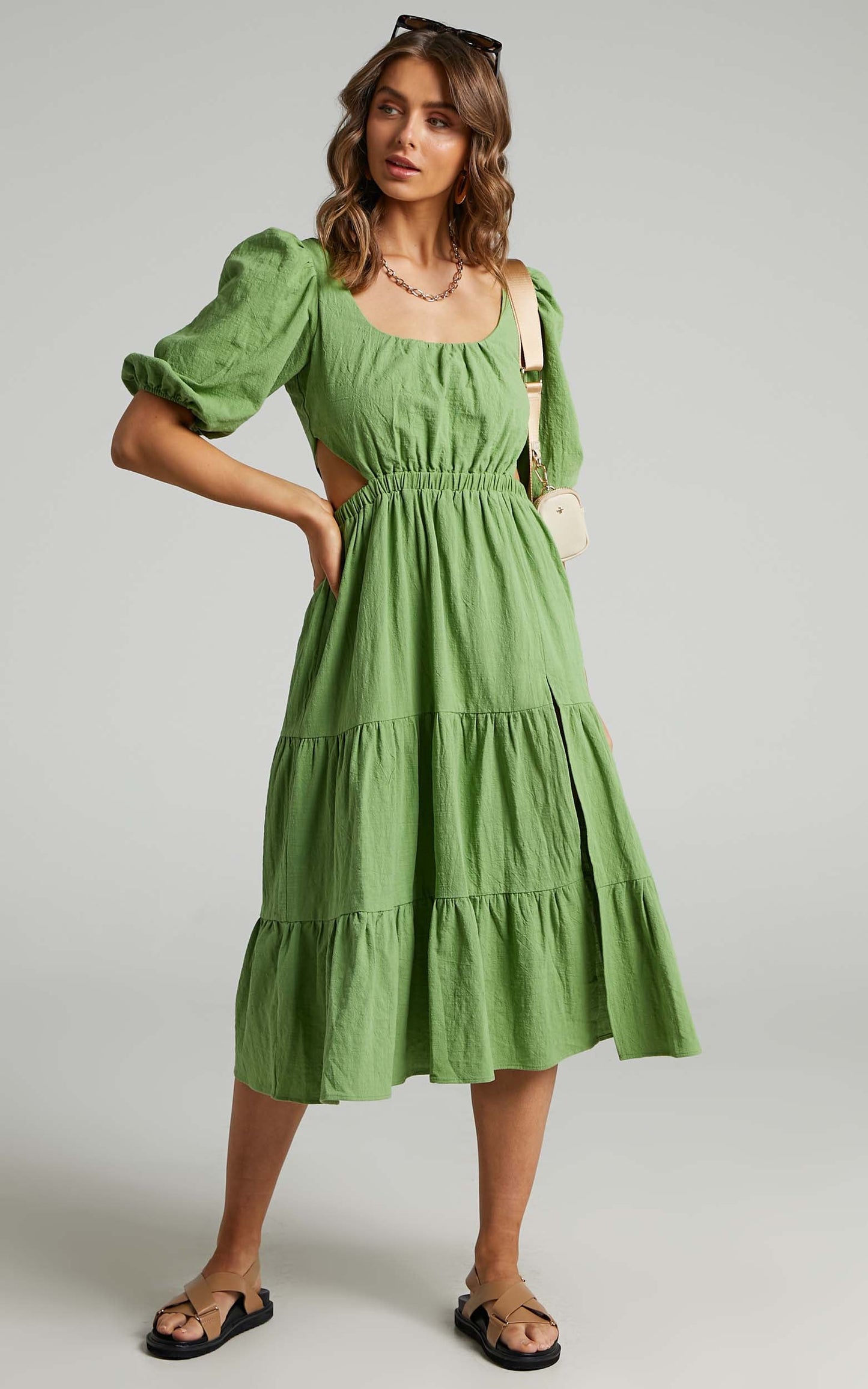 Ianthea Cut Out Tiered Midi  Dress in Green