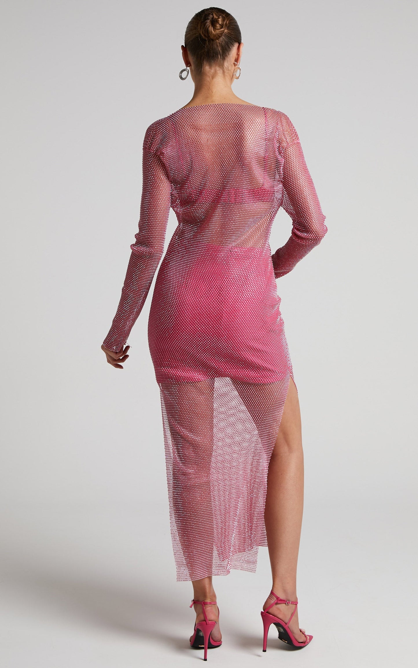Karmen Midi Dress - Long Sleeve Split Diamante Mesh Dress in Pink