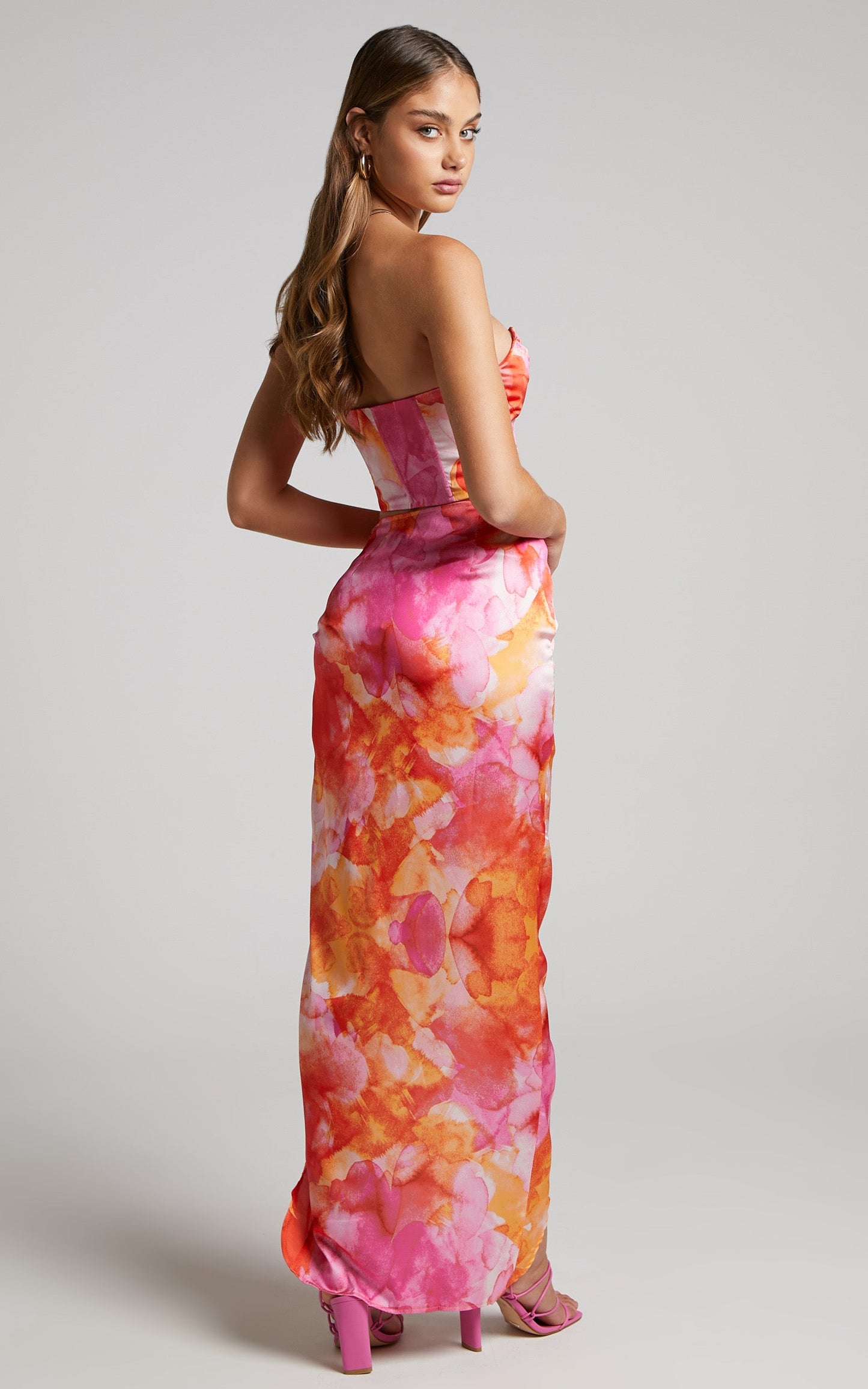 Kirarah Midi Skirt - Ruched Front Split Skirt in Party Sunrise