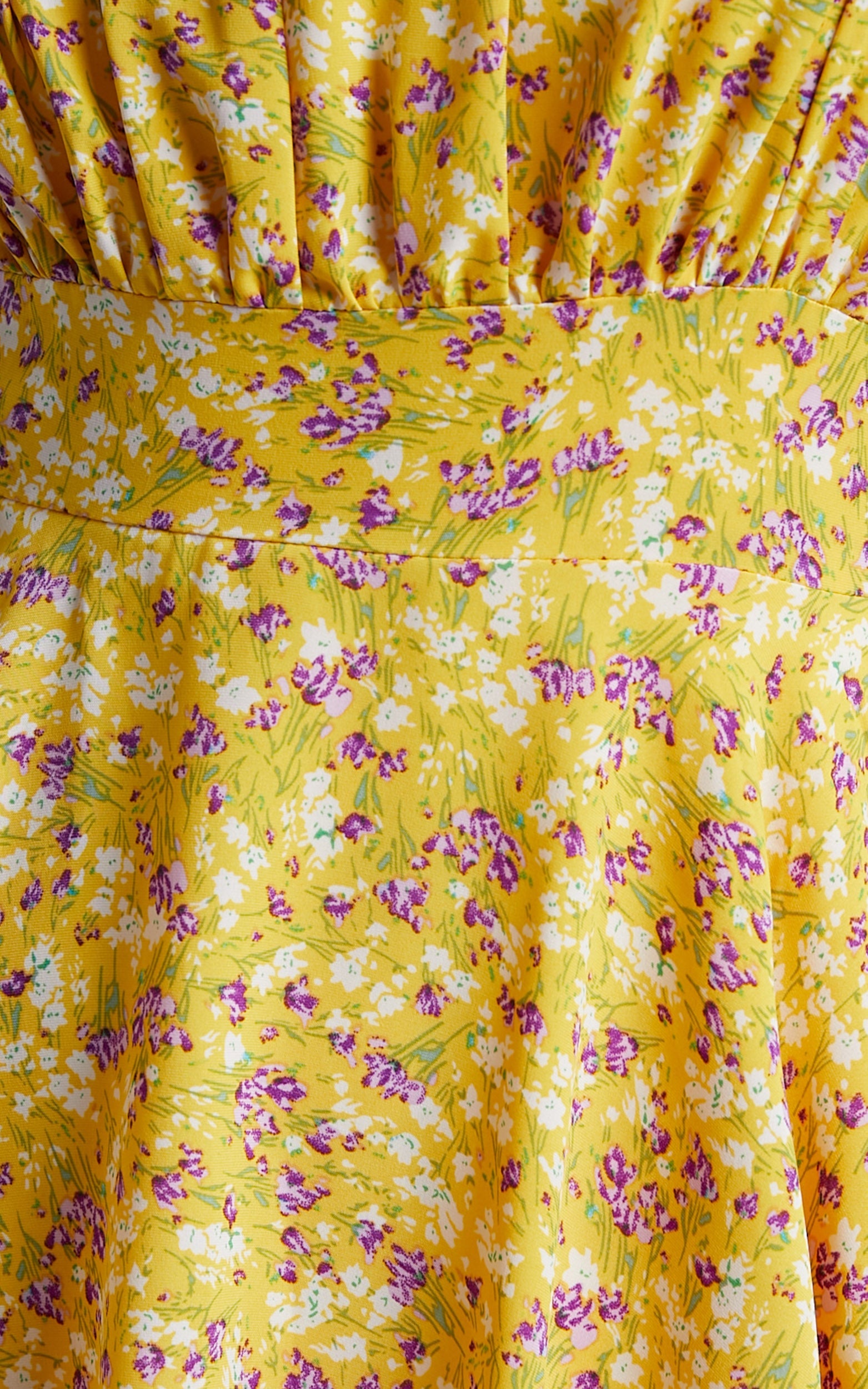 Liahna Mini Dress - Ruched Bust Tie Shoulder A-Line Dress in Yellow Floral
