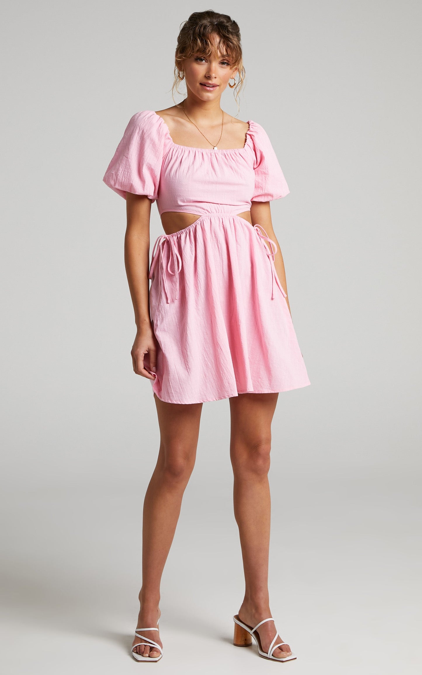 Loriella Linen Waist Cut Out Skater Skirt Dress in Dusty Pink