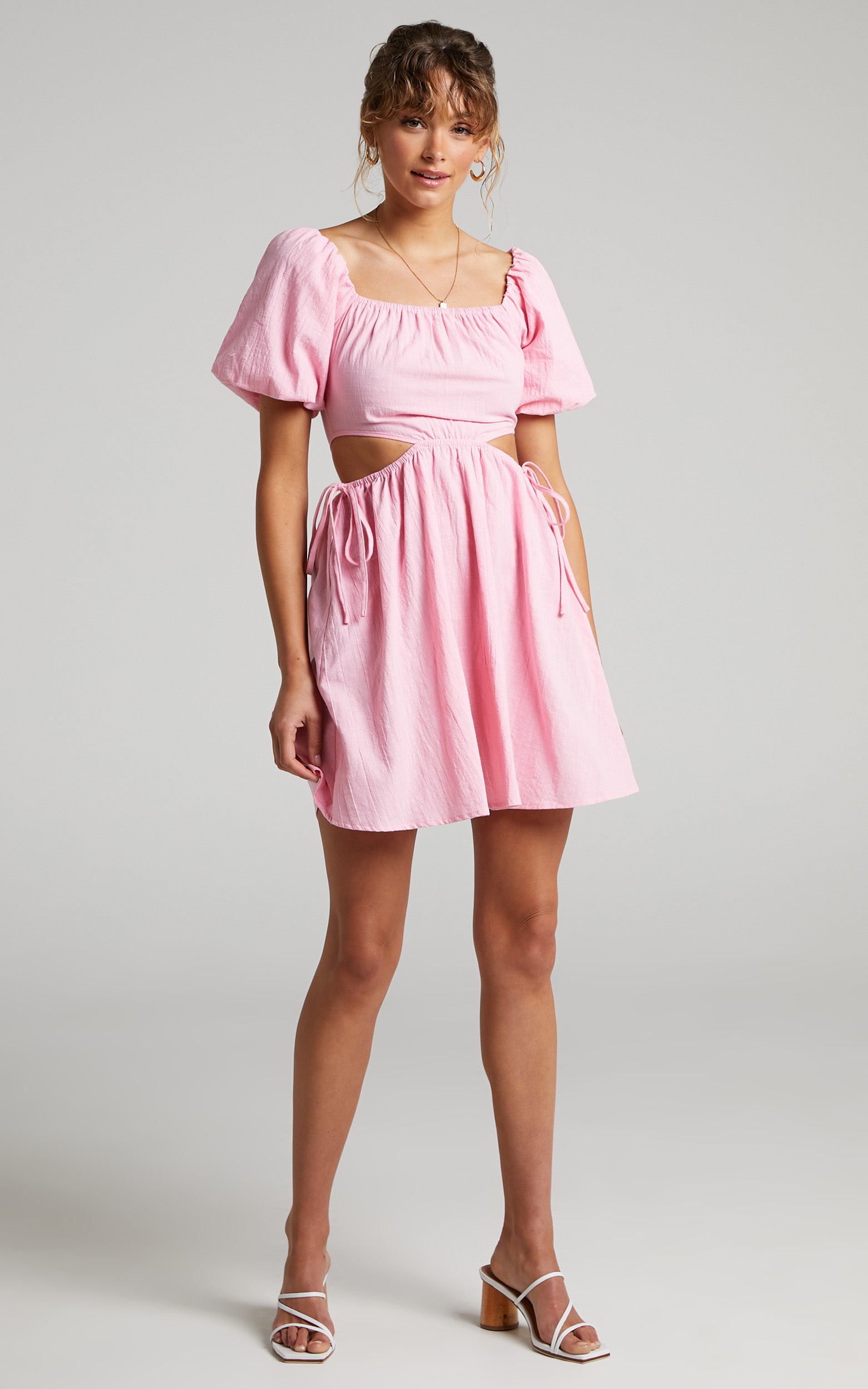 Loriella Linen Waist Cut Out Skater Skirt Dress in Dusty Pink
