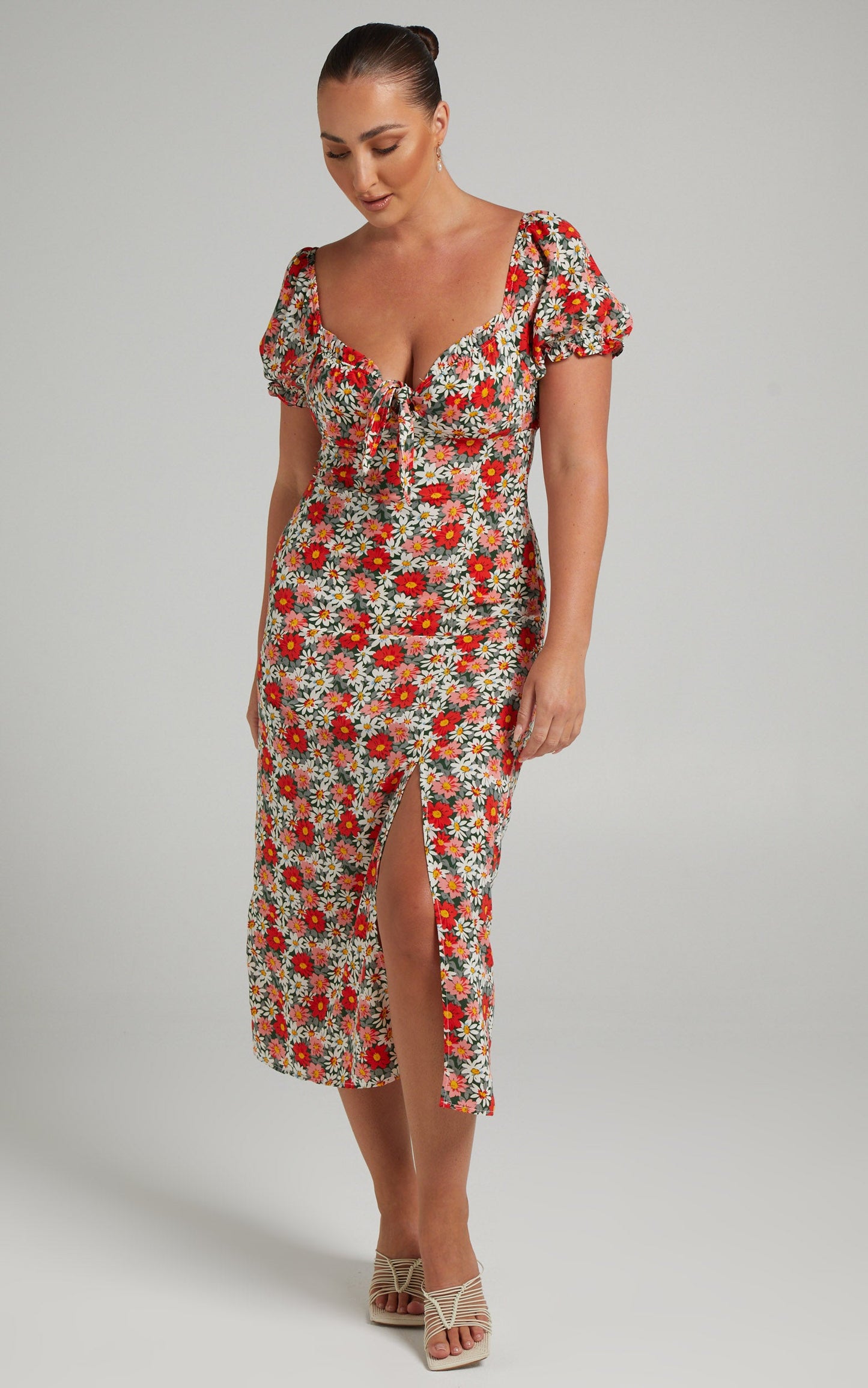 Patty Midi Dress with Front Bust Tie in Navy Floral