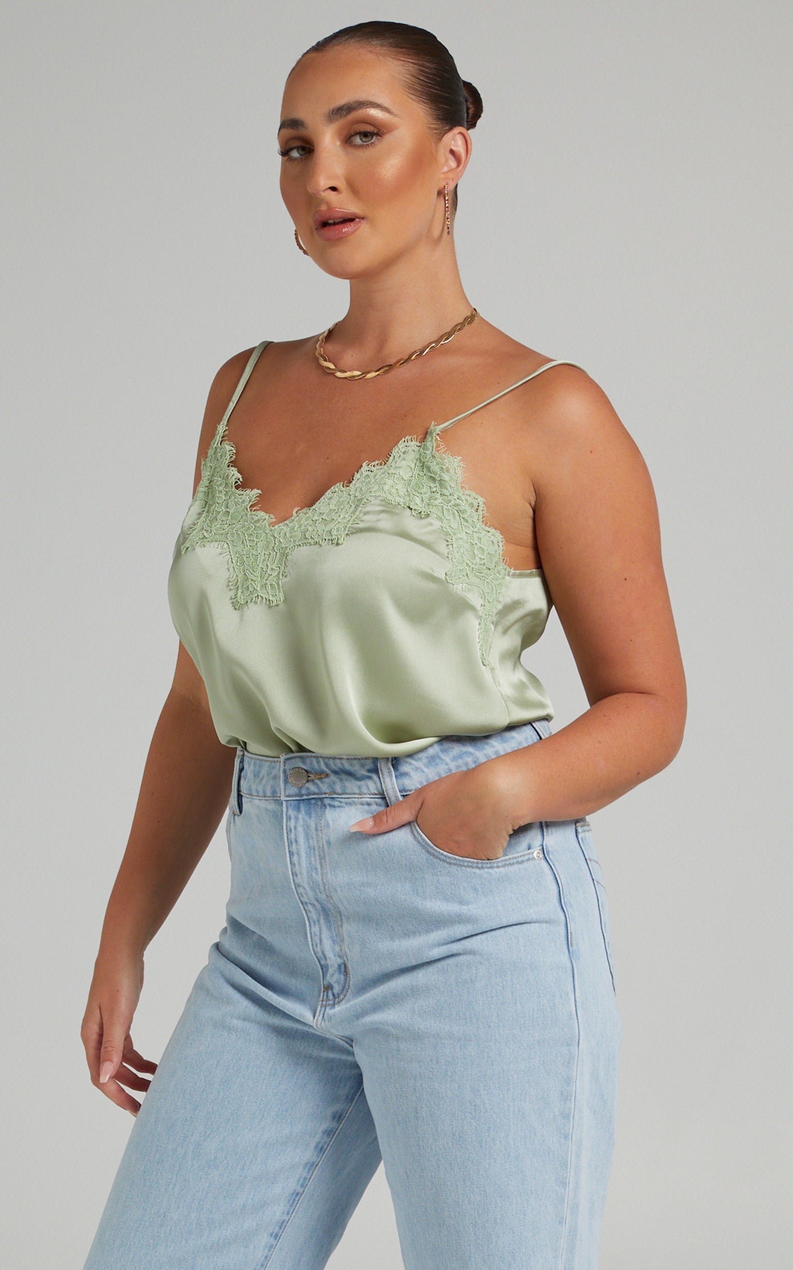 Jennifer Lace Trim Cami in Green Satin