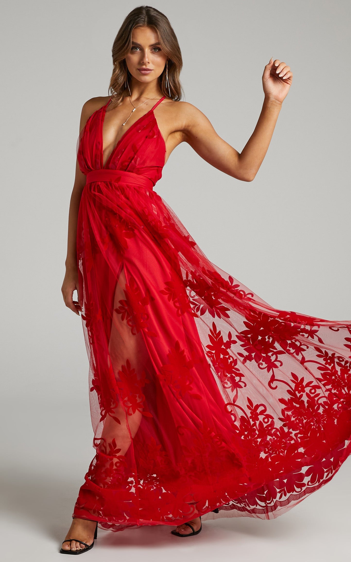 Marissa Velvet Applique Tulle Plunge Maxi Dress in Red