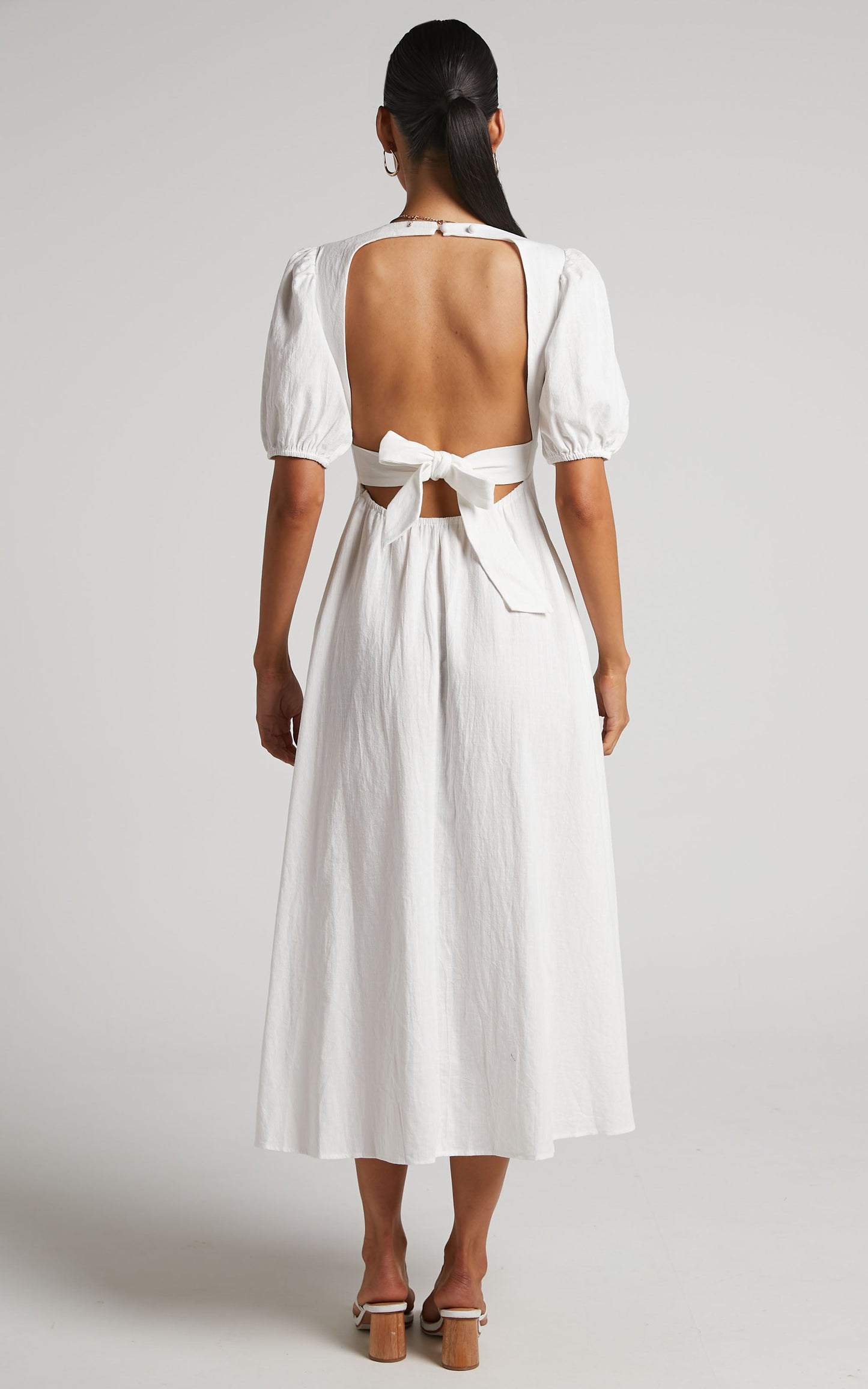 Marsha Midi Dress - Ring Detail Tie Back Puff Sleeve Dress in White