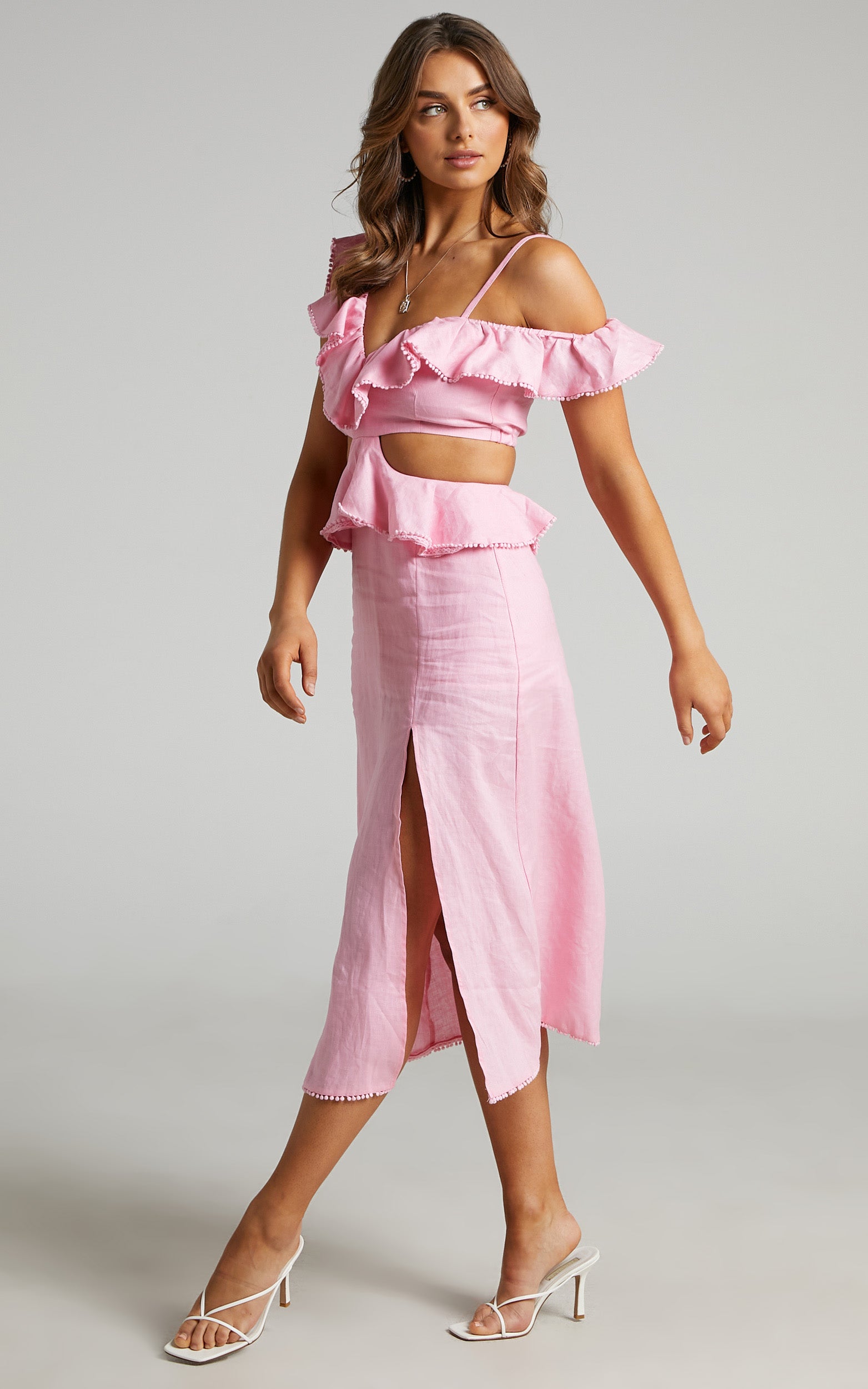 Marthell Midi Dress - Linen Cut Out Asymmetric Shoulder Frill Dress in Light Pink