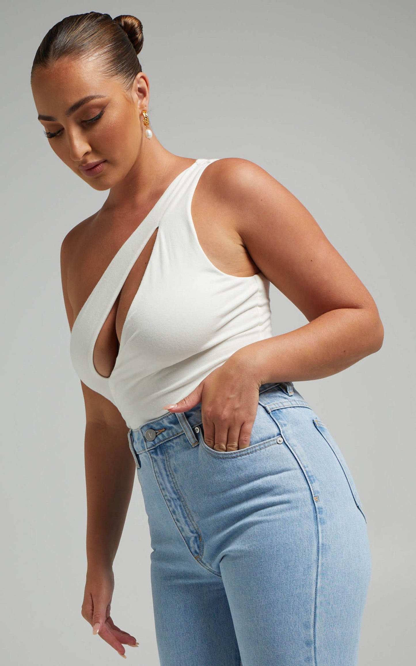 Shivya One Shoulder Cut Out Body Suit in White