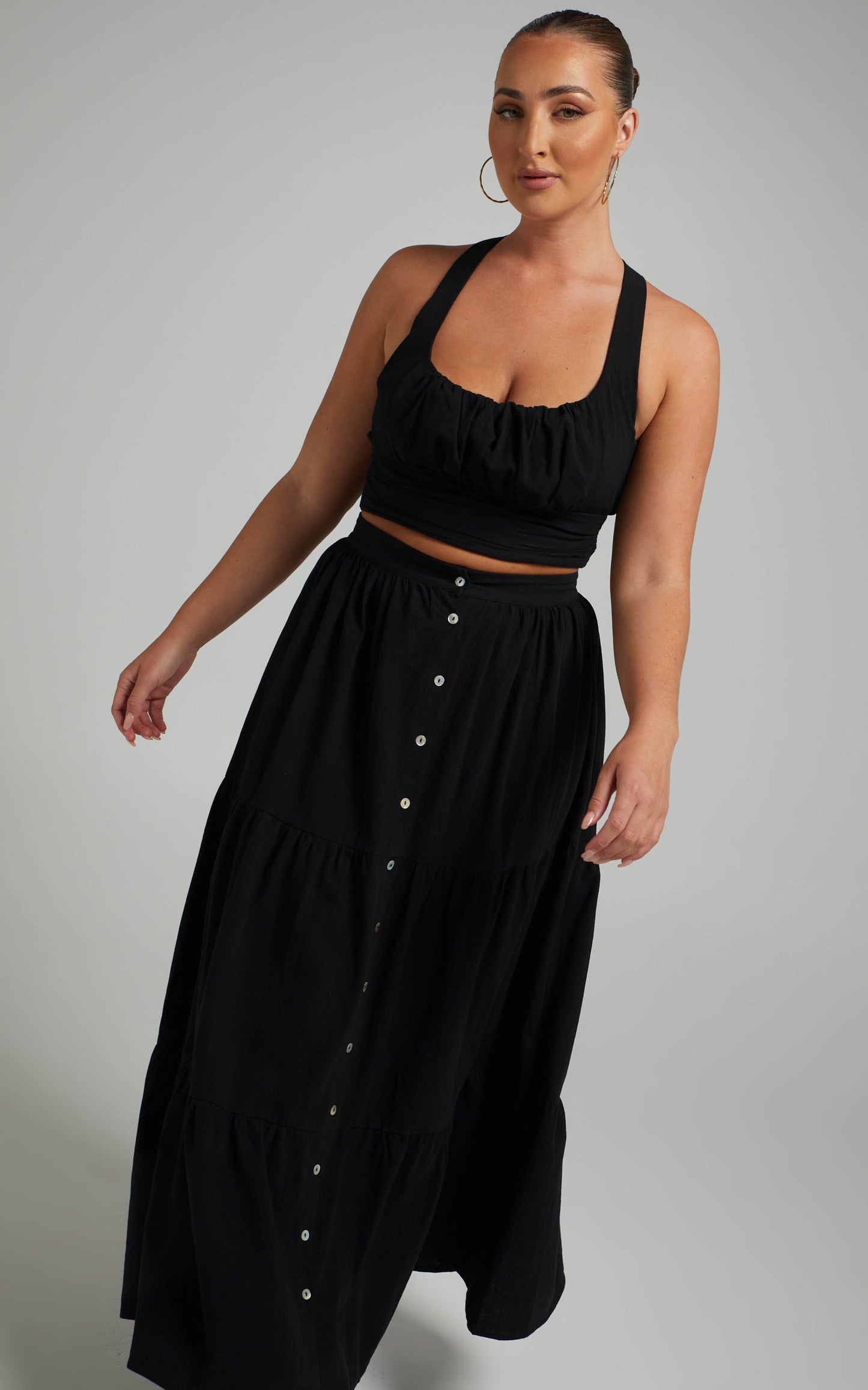 Arabella Tiered Button Front Maxi Skirt in Black