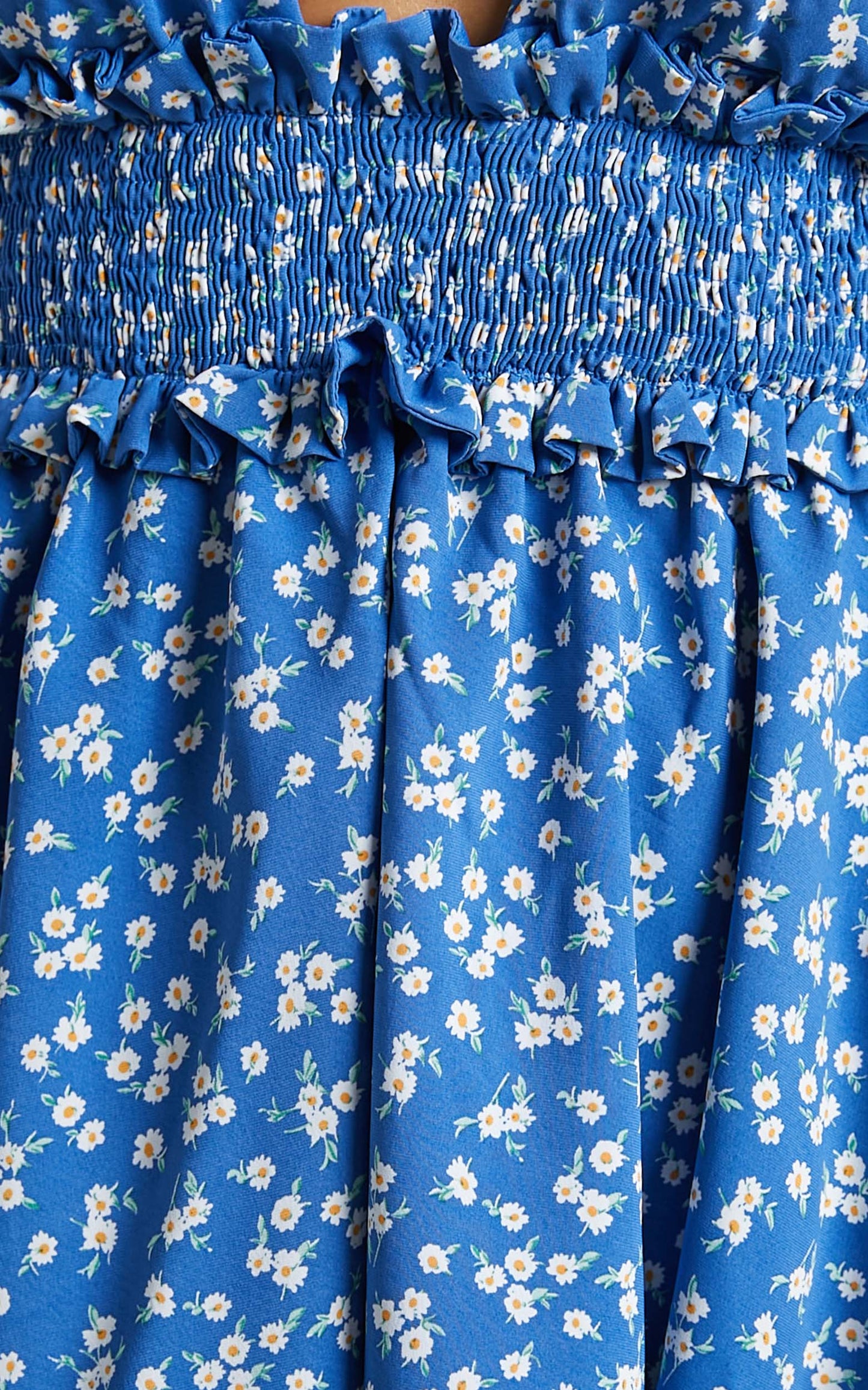 Mirasol Halter Shirred Waist Mini Dress in Blue Floral