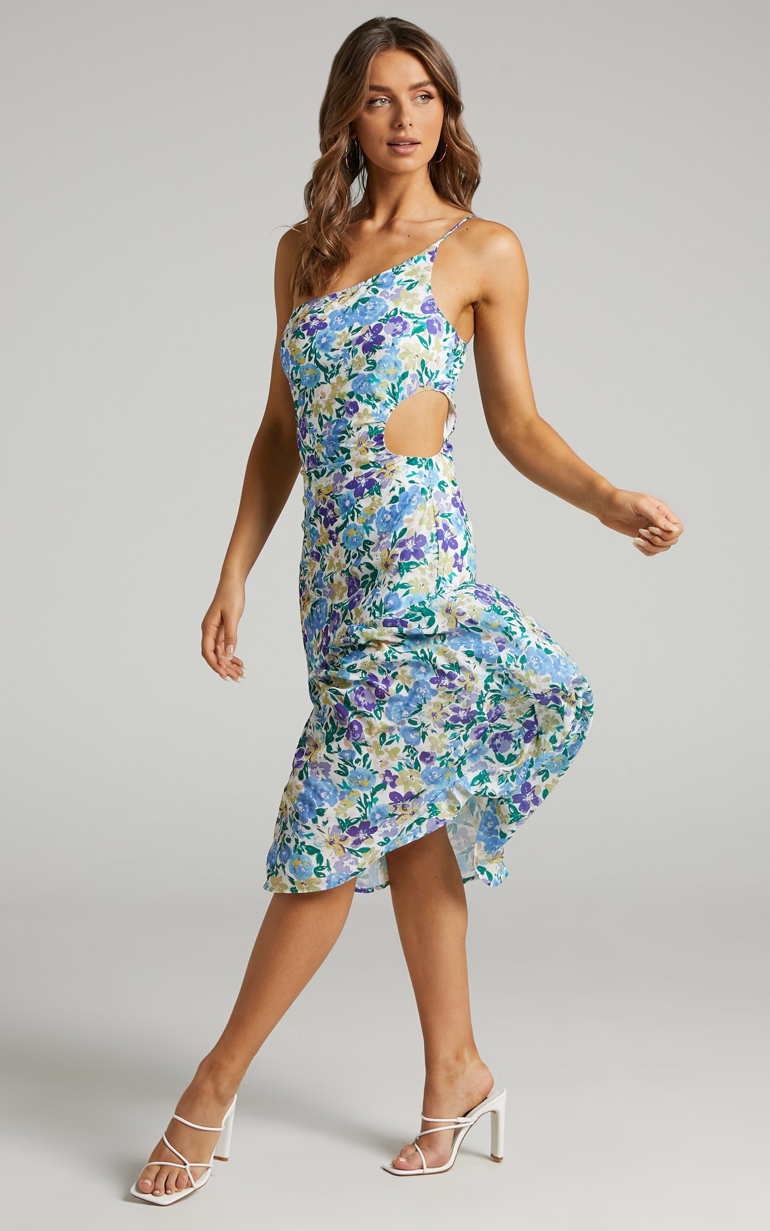 Myeshia Cut Out One Shoulder Midi Dress in Lavender Fields