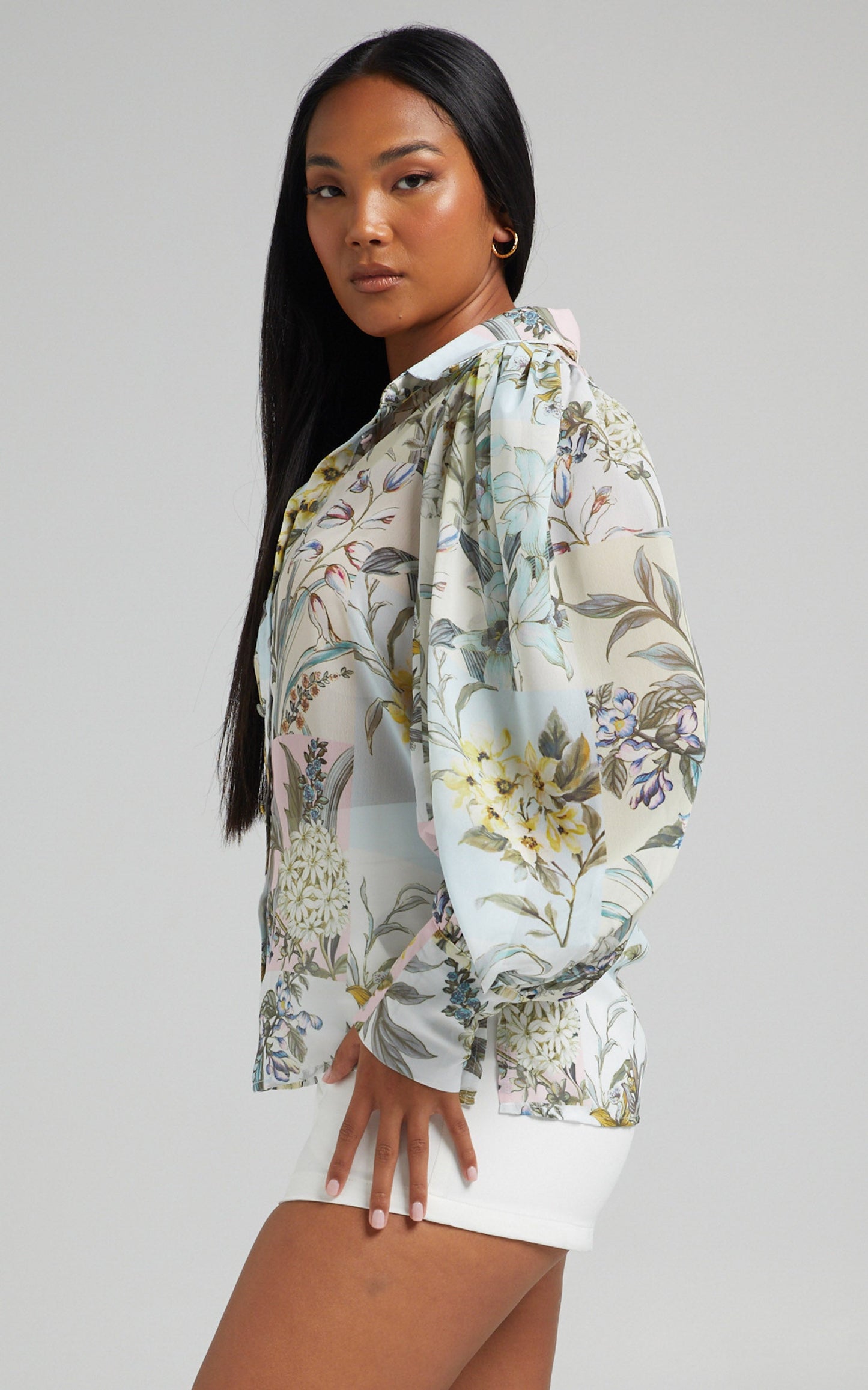Virgette Printed Collared Balloon Sleeve Blouse in Boho Patchwork