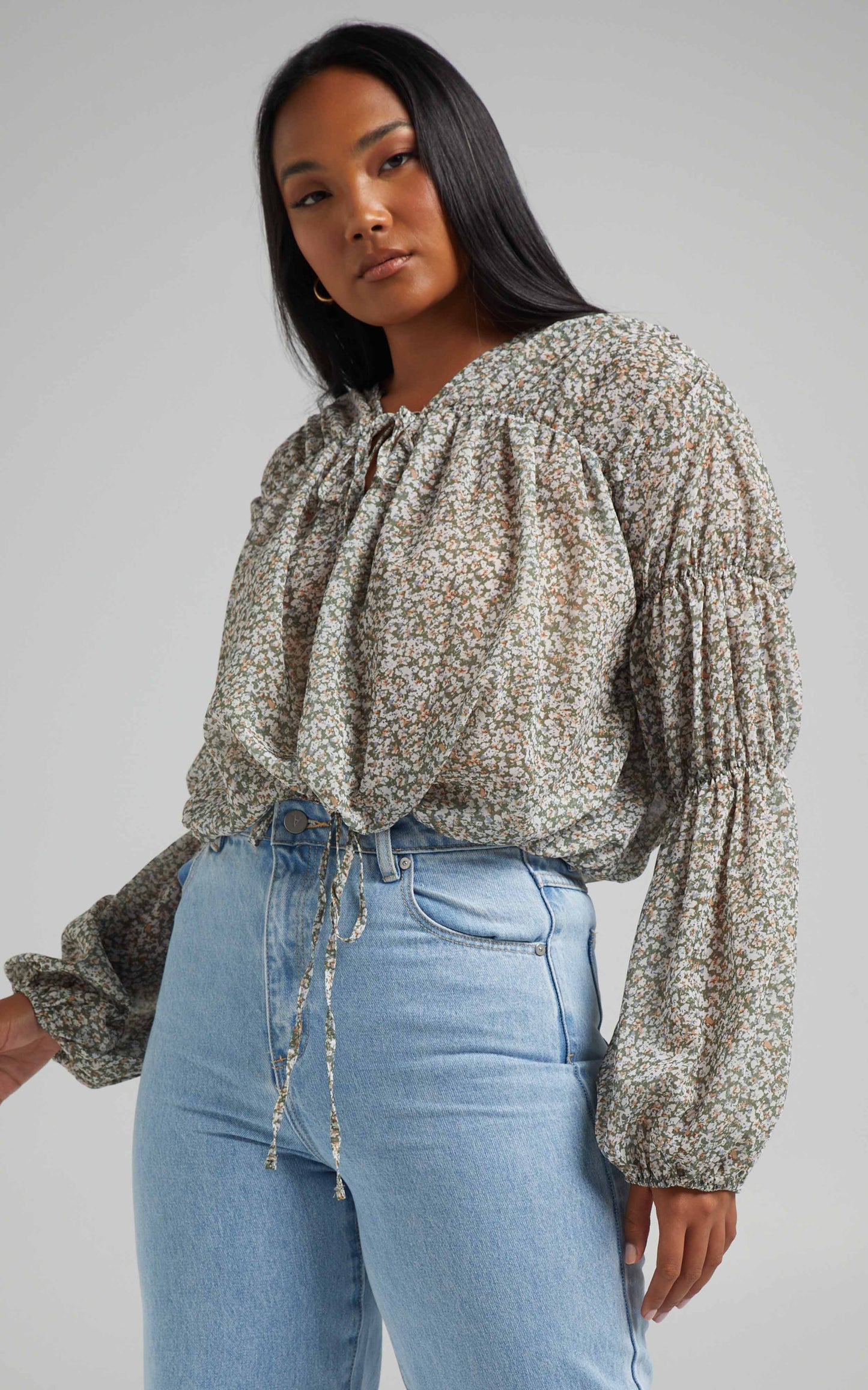 Maizie Tie Front Long Sleeve Top in Black Floral