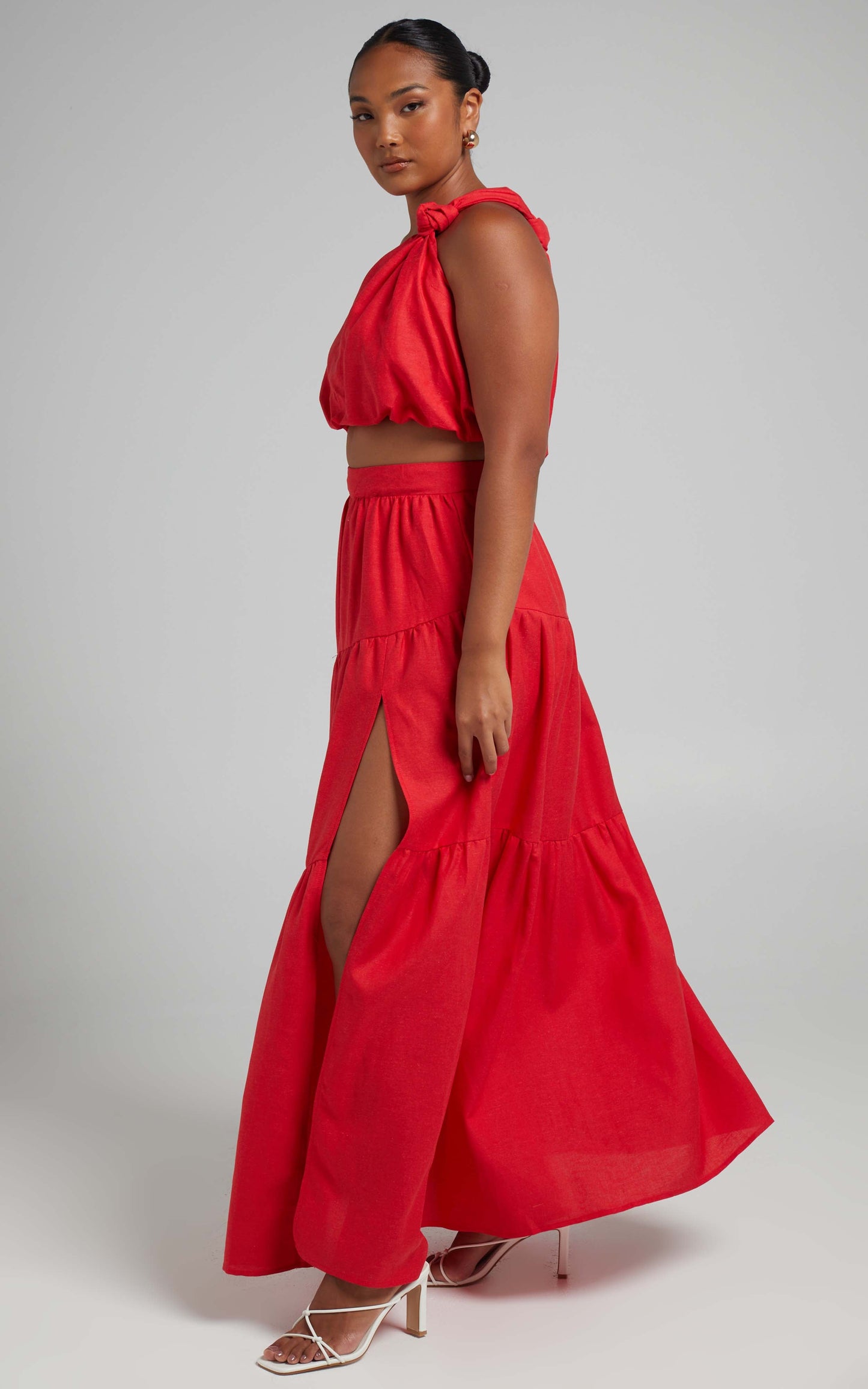Aerilyn Two Piece Set - Linen One Shoulder Crop Top and Midi Skirt Set in Red