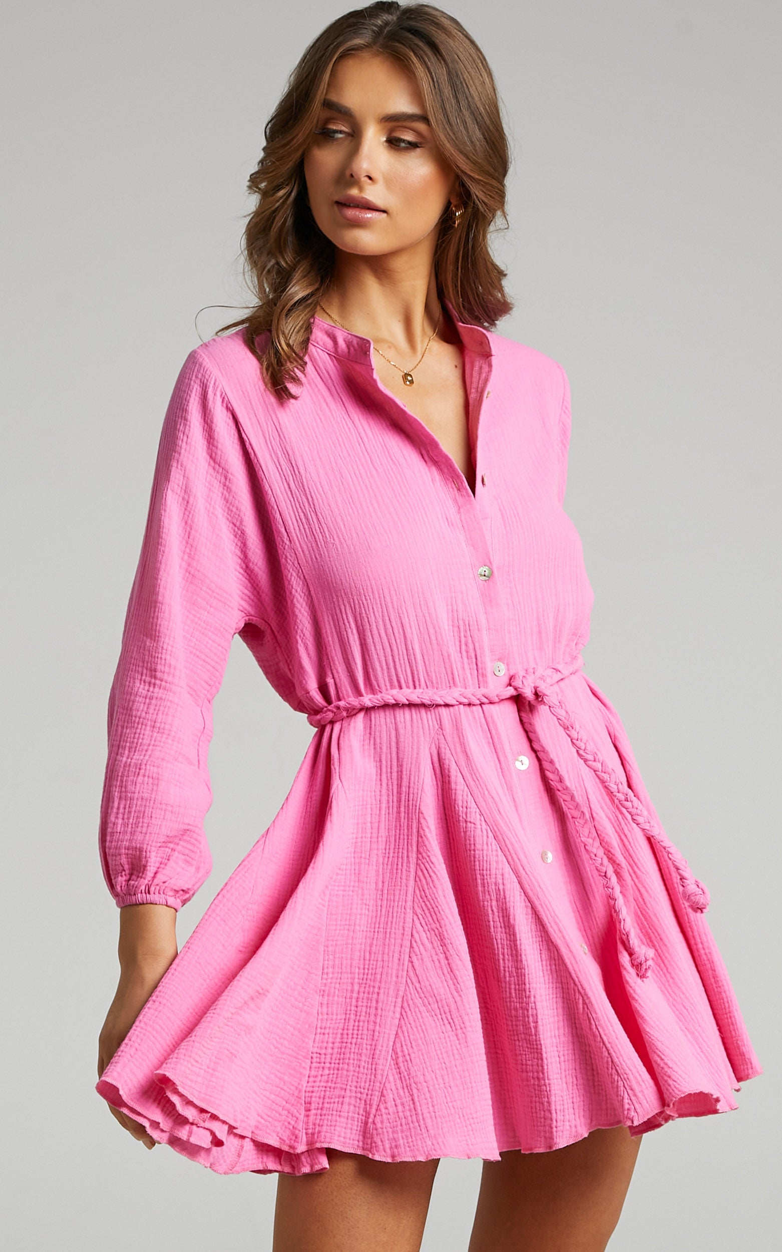 Raphaelle Mini Dress - Long Sleeve Button Up Dress in Pink