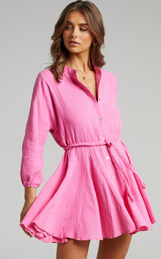 Raphaelle Mini Dress - Long Sleeve Button Up Dress in Pink