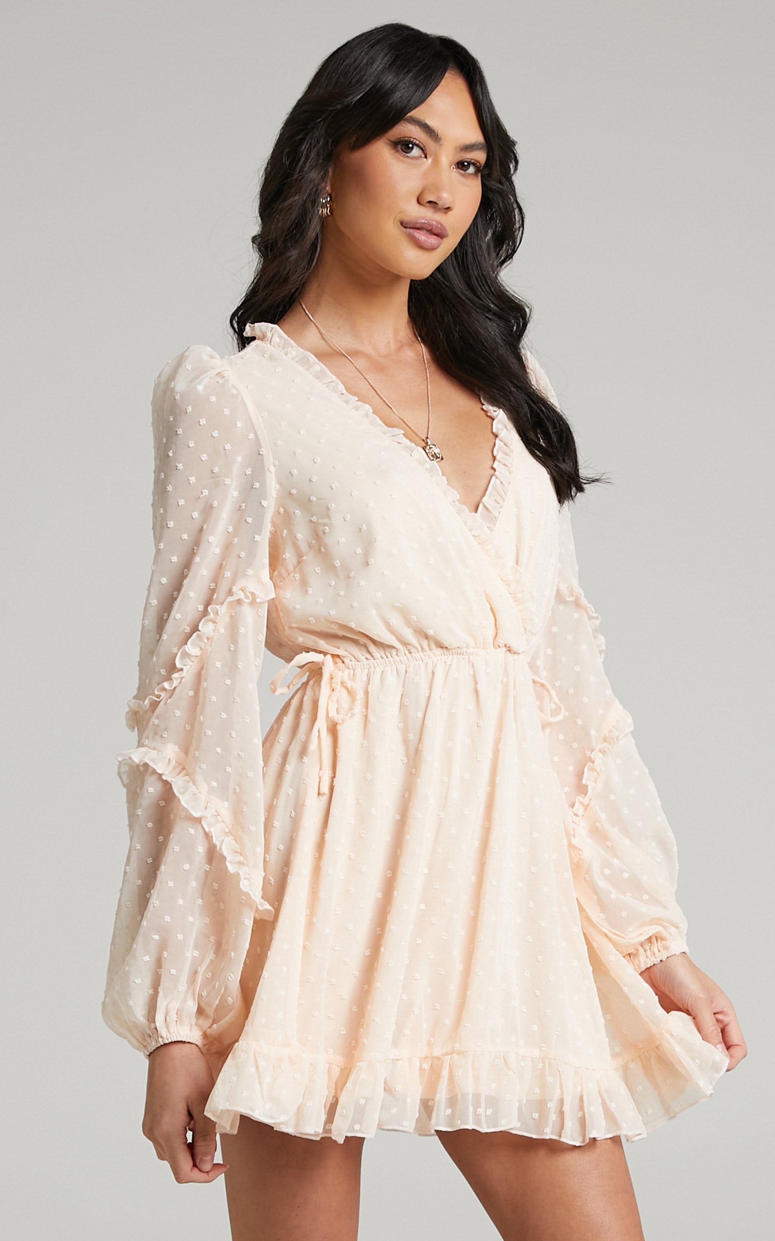 Sancha Mini Dress - Long Sleeve Frill Dress in Cream