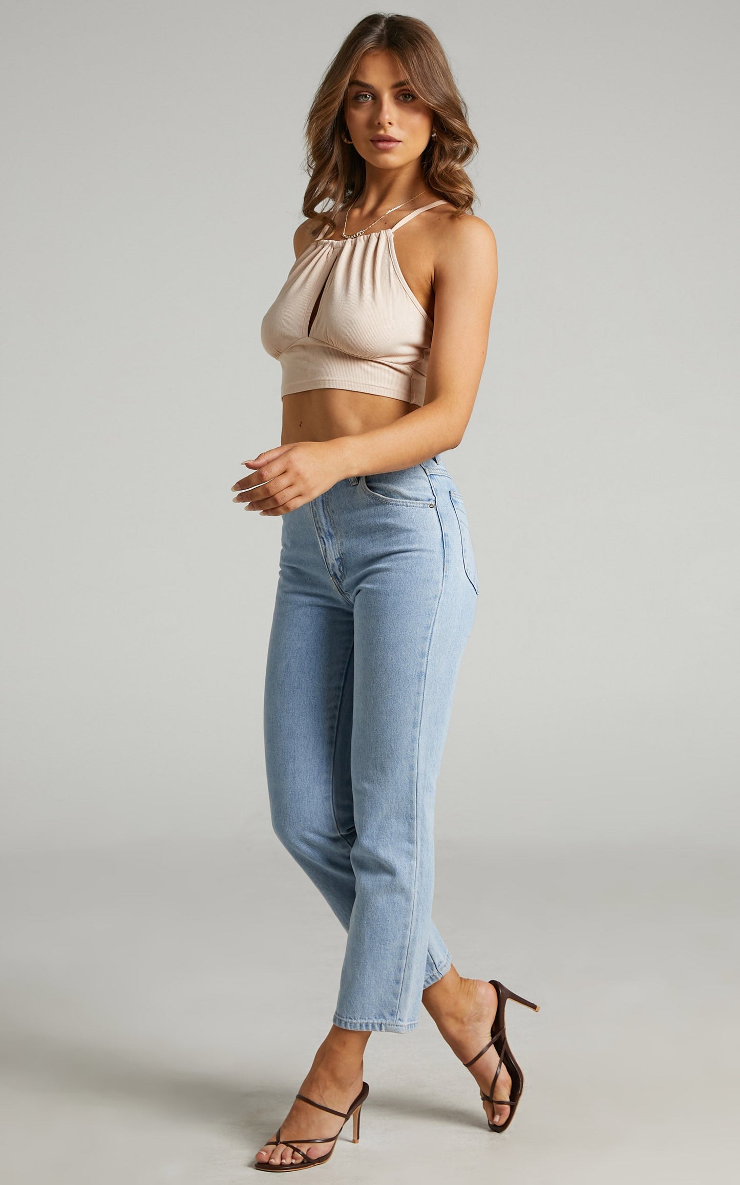 Shenden Crop Top - Keyhole Front Top in Beige