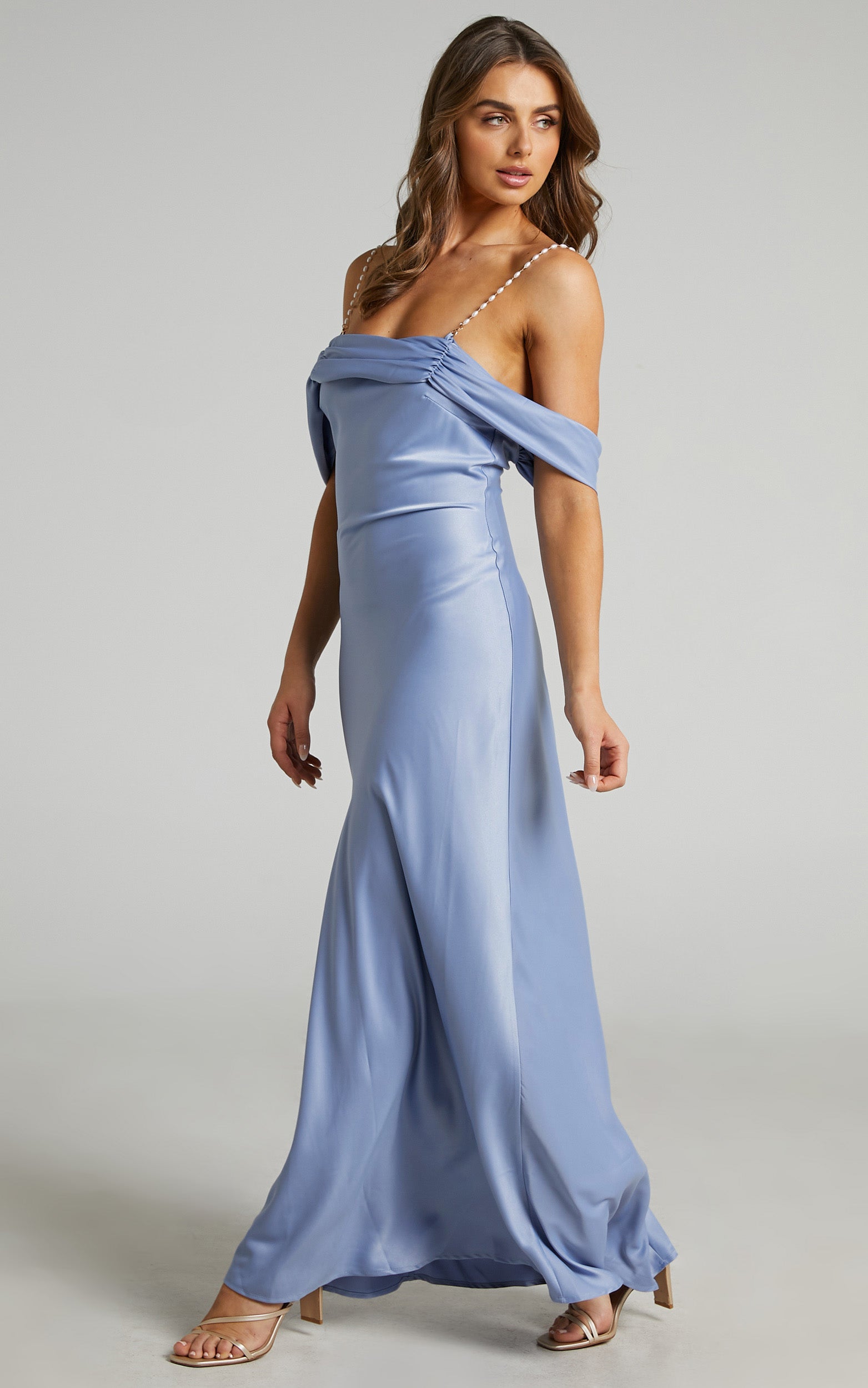 Sweet Spirit Off Shoulder Pearl Strap Maxi Dress in Cornflower Blue