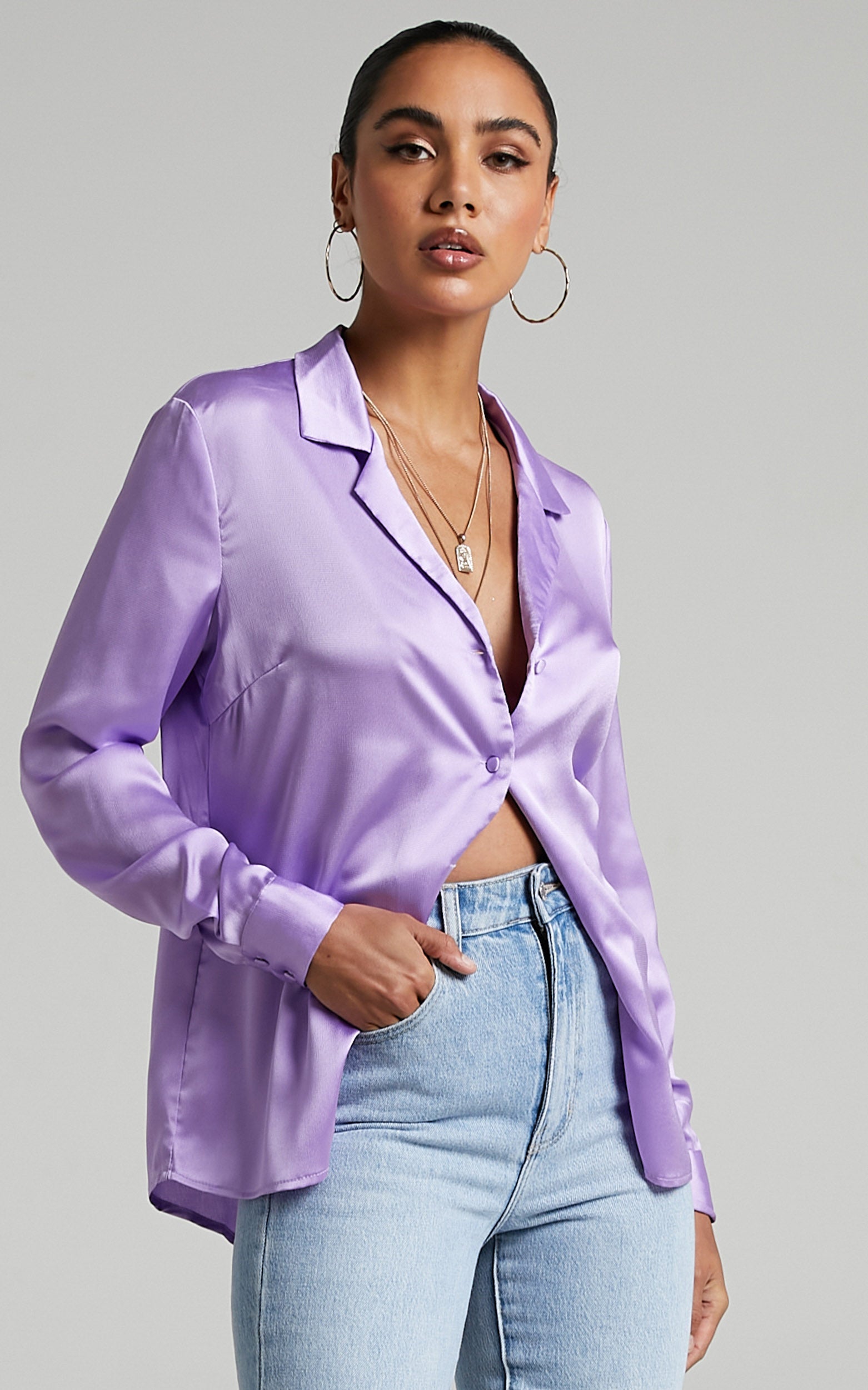 Tinna Shirt - Longsleeve Satin Collared Button Up Shirt in Lilac