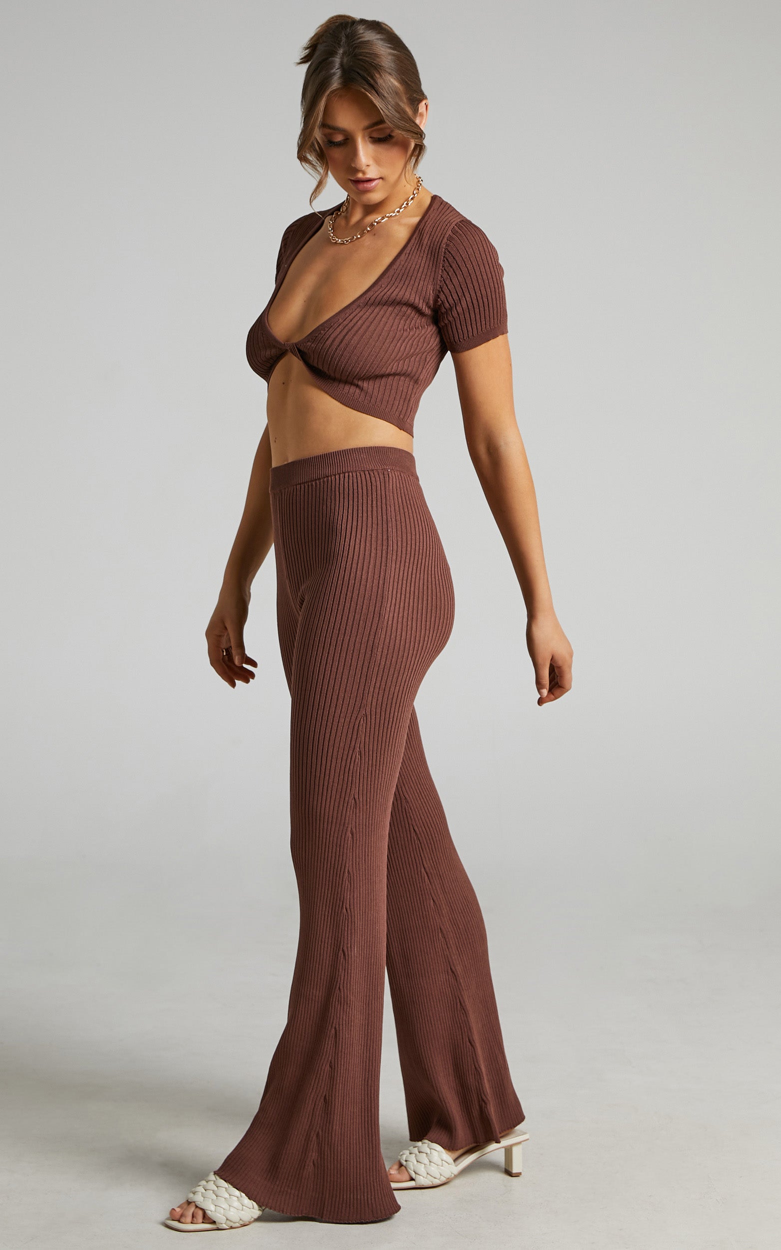Zyanya Ribbed Cropped Two Piece Set in Chocolate