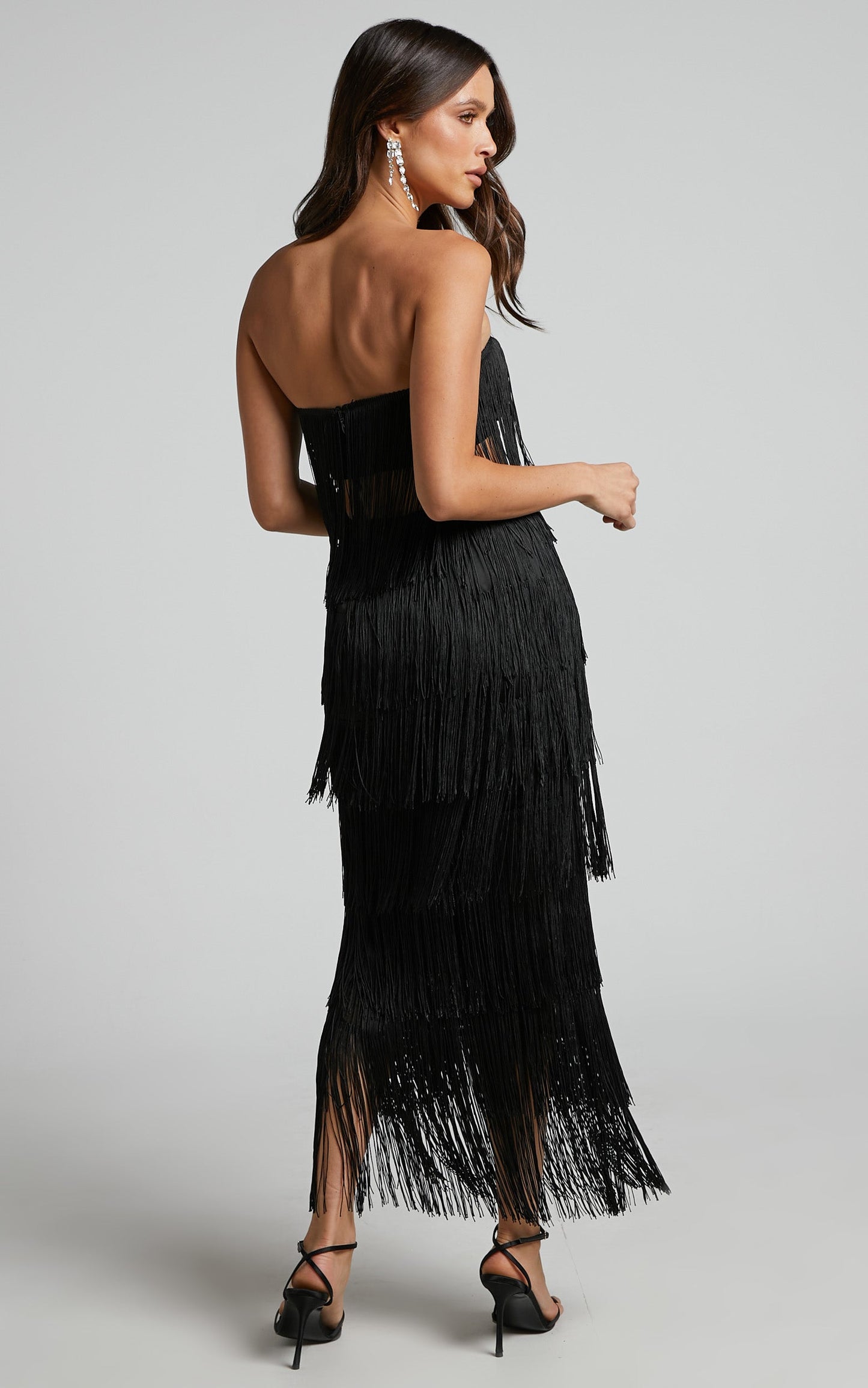 Amalee Two Piece Set - Fringe Strapless Crop Top and Midi Skirt Set in Black