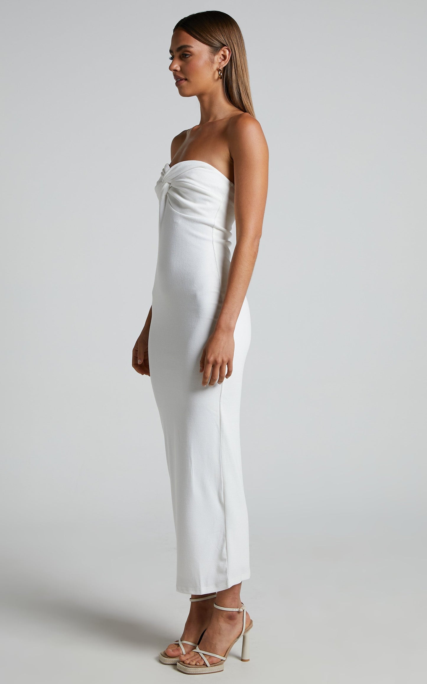 Aravis Midi Dress - Twist Front Strapless Ribbed Bodycon Dress in White