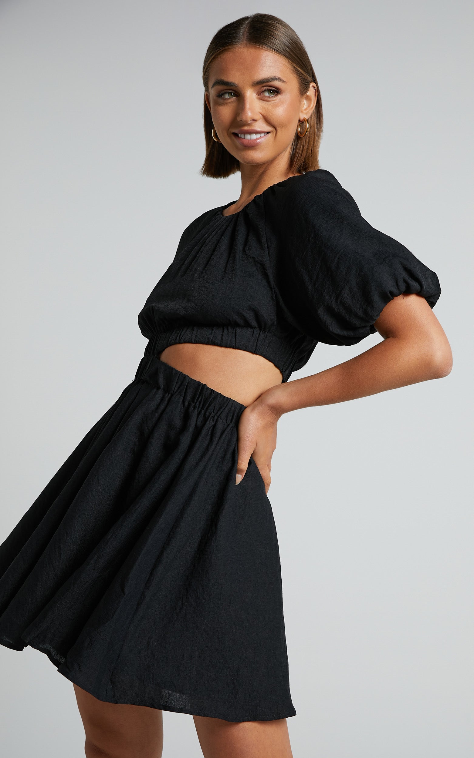 Hadley Mini Dress - Puff Sleeve Cut Out Dress in Black